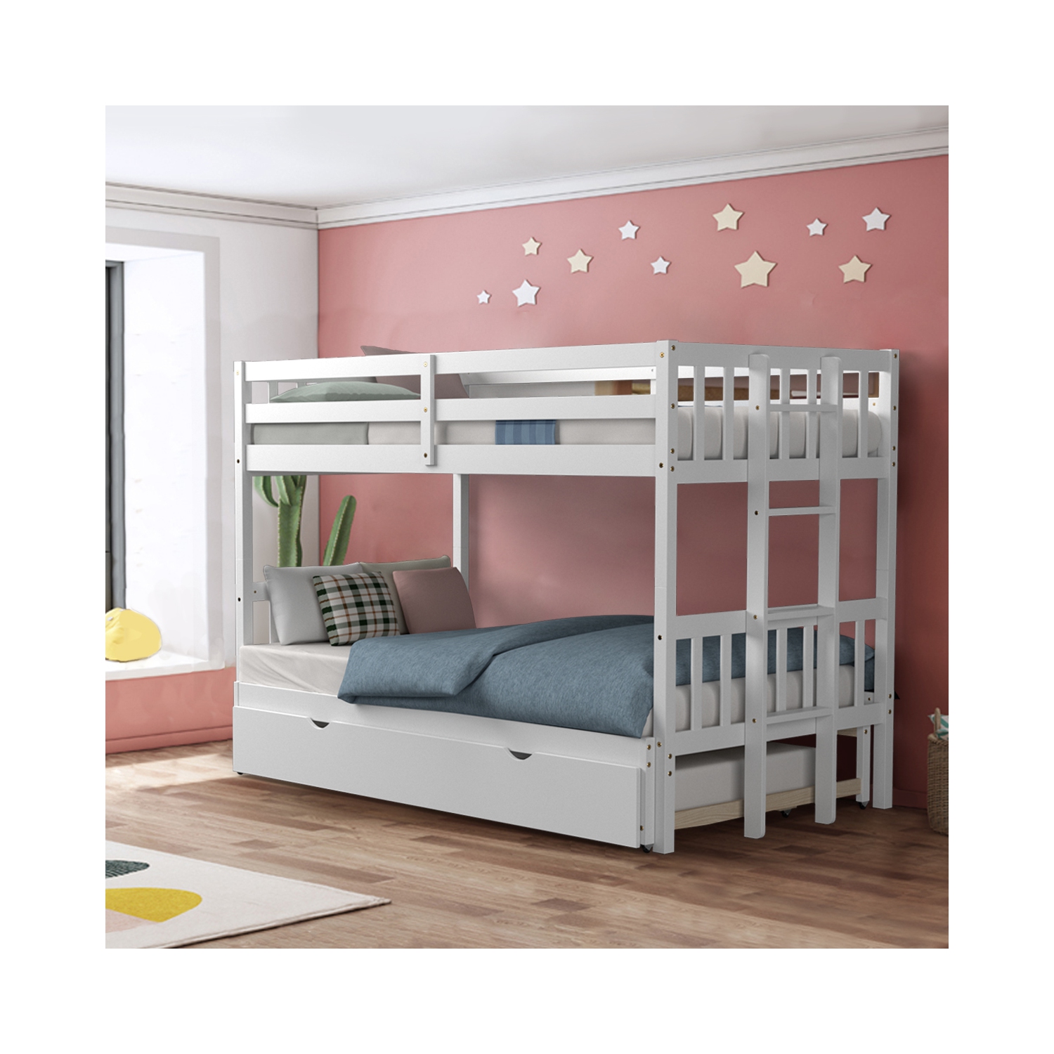 TopBuy – Lits superposés avec lit gigogne et échelle pour enfants, espresso