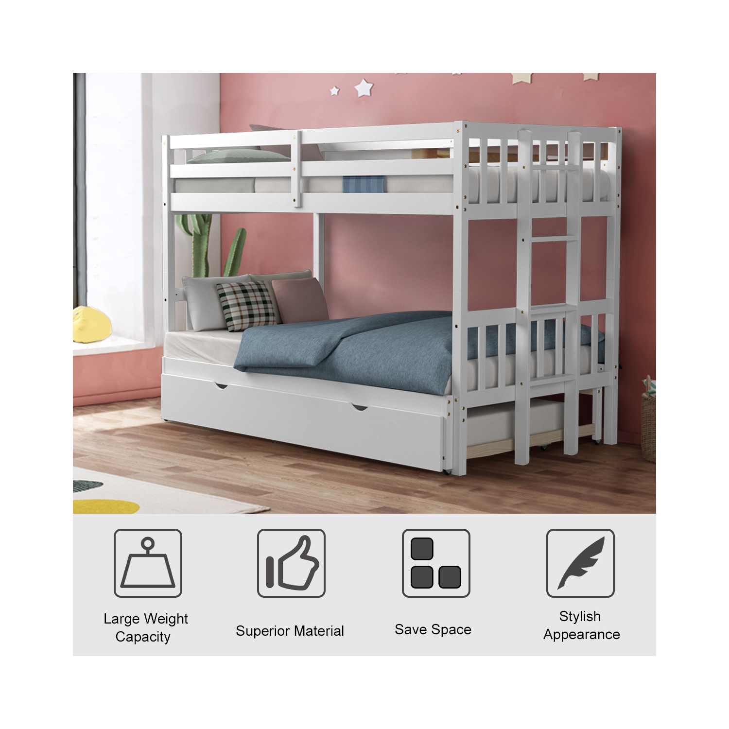 TopBuy – Lits superposés avec lit gigogne et échelle pour enfants, espresso