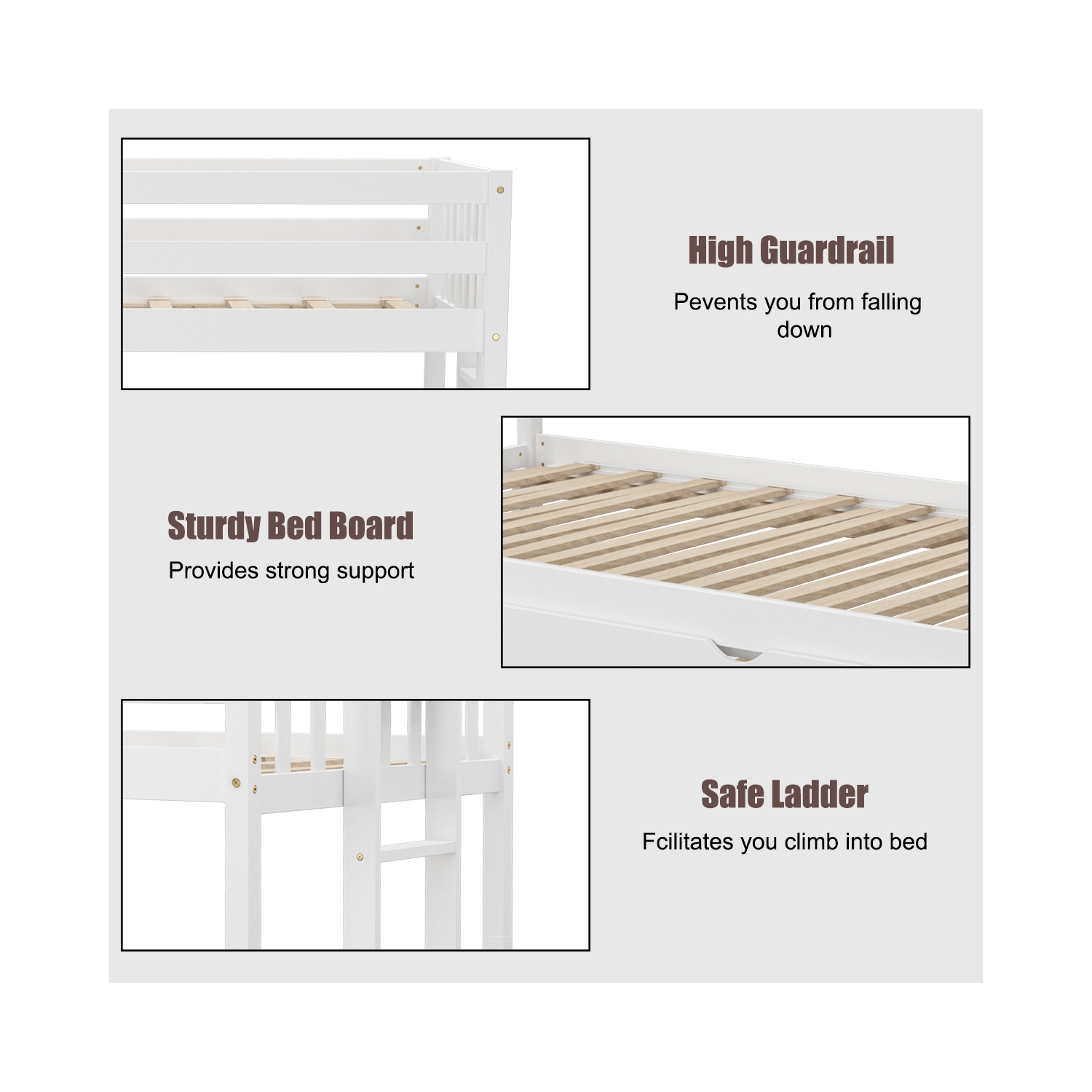 TopBuy – Lits superposés avec lit gigogne et échelle pour enfants, espresso