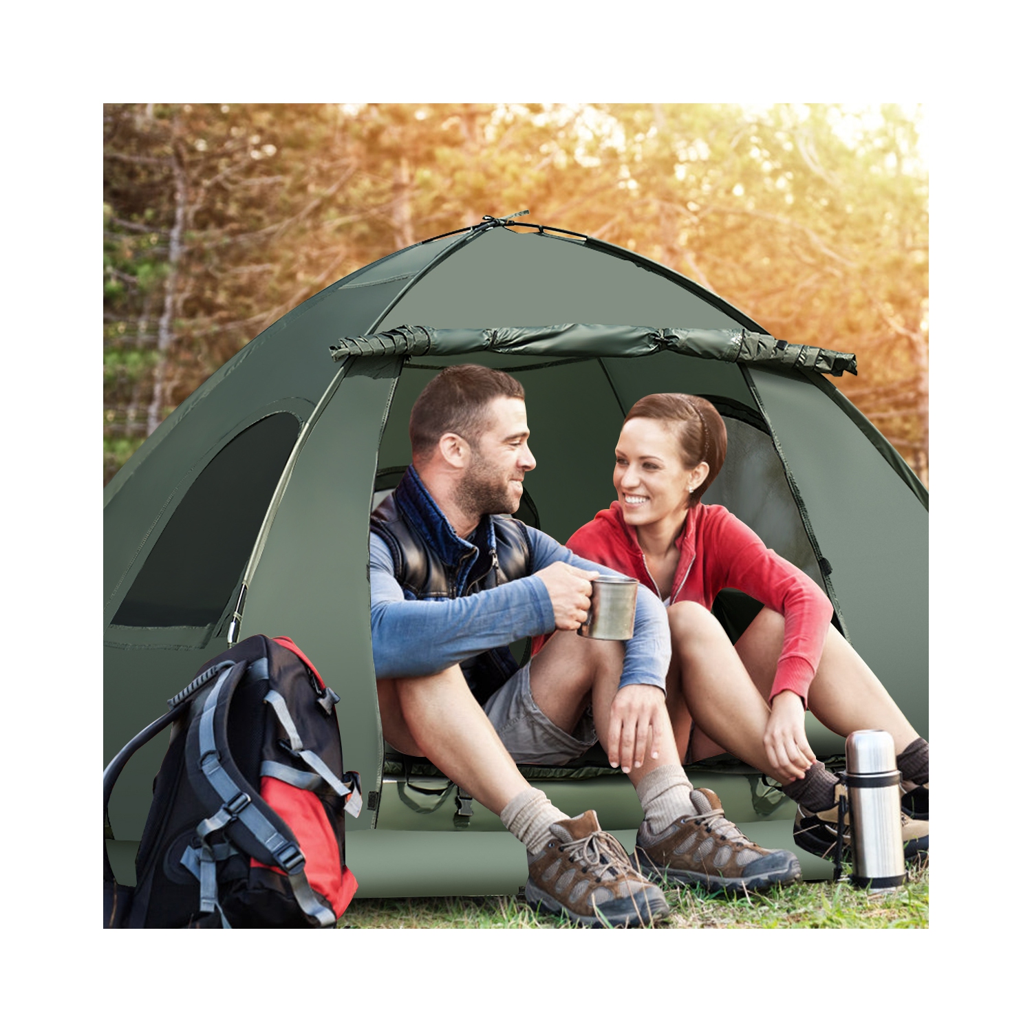 Tente de camping pliante pour 2 personnes avec sac de couchage et matelas gonflable de PatioJoy pour l’activité à l’extérieur