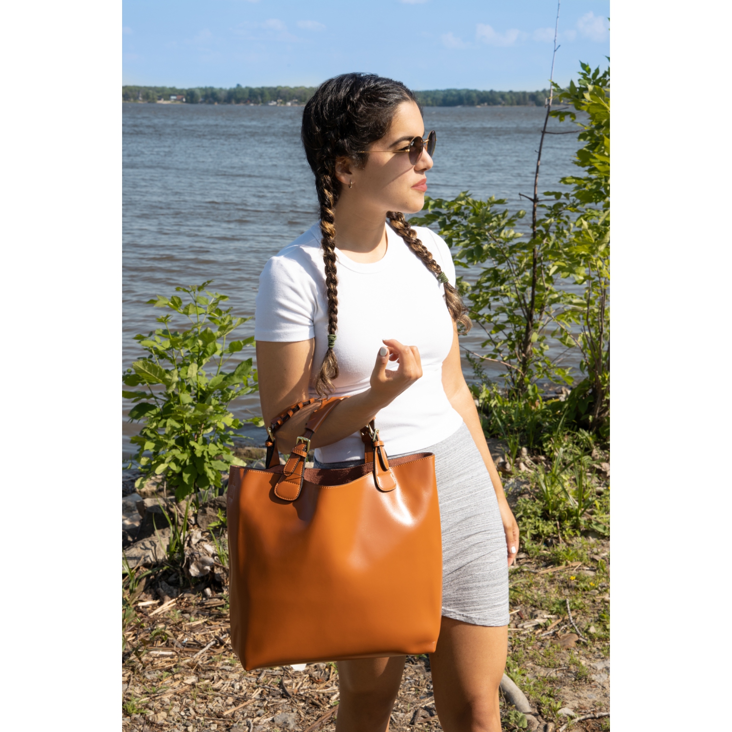 Splurg'd Leather tote bag with long strap and carry handle - Brown