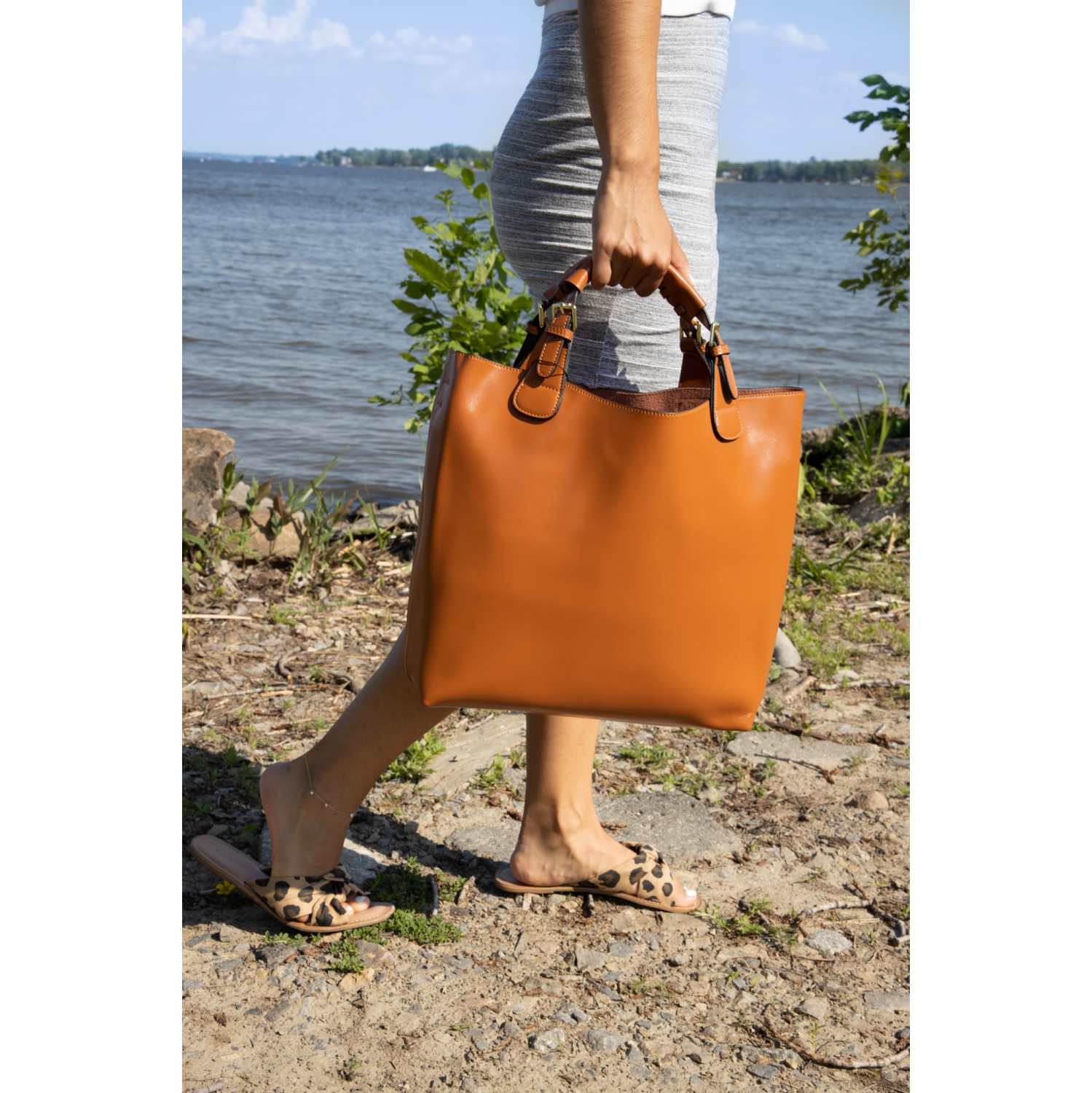 Splurg'd Leather tote bag with long strap and carry handle - Brown