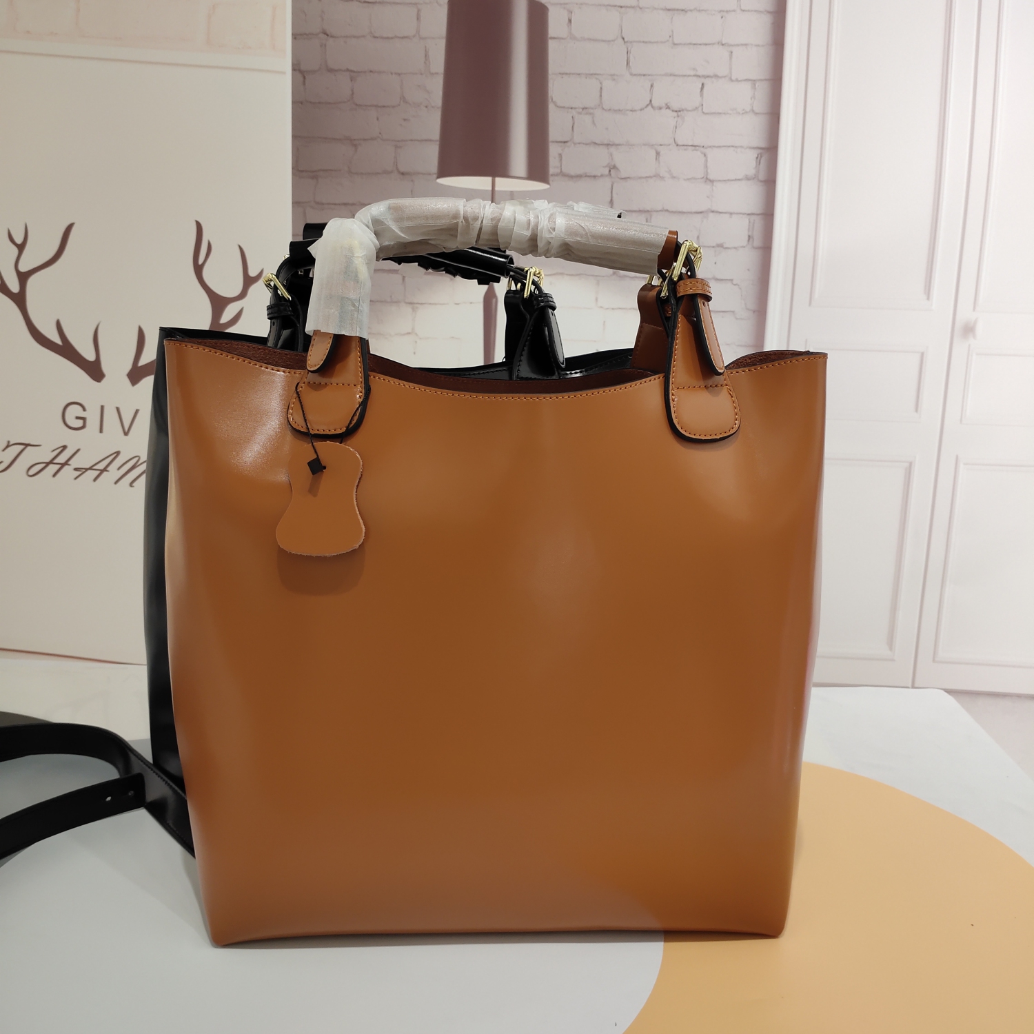 Splurg'd Leather tote bag with long strap and carry handle - Brown
