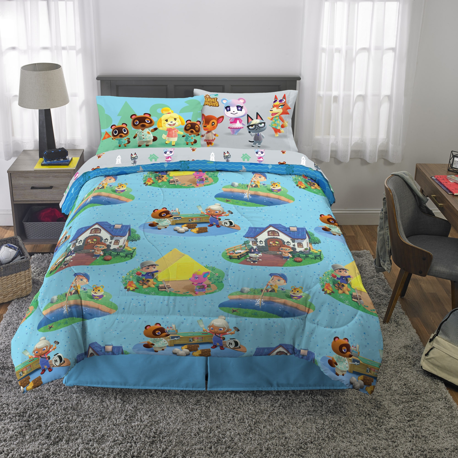 Animal Crossing New Horizons 4 Pcs Twin Sheet Set with Reversible Comforter Pillowcase - Kids Mattress Pattern Bedding Flat Fitted Sheets with Printed Game Characters