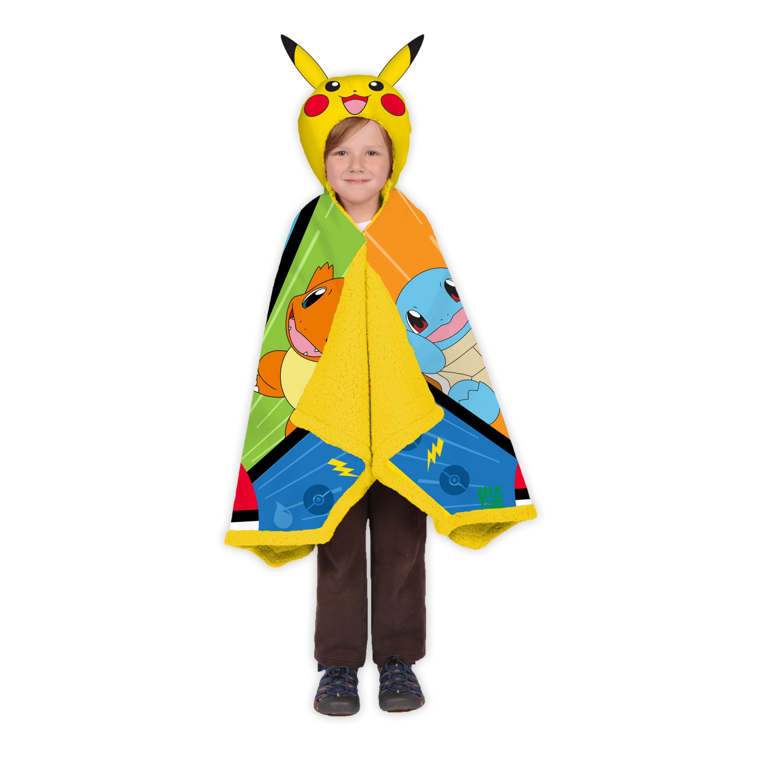 Pokemon Pika Pikachu Kids Snuggle Wrap Wearable Blanket with Hoodie for Camping - Children Body Wear Snuggie 31 Inch x 55 Inch with Printed Characters Charmander Squirtle Pikachu