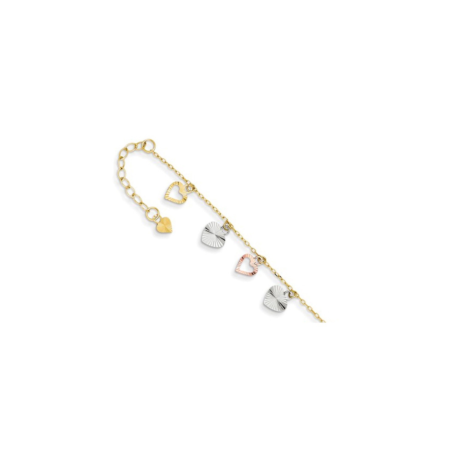 Diamond Cut Adjustable Heart Anklet in 14K Yellow, White and Pink Gold 9 Inches