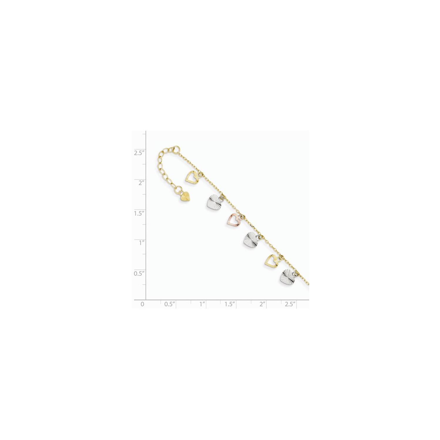 Diamond Cut Adjustable Heart Anklet in 14K Yellow, White and Pink Gold 9 Inches
