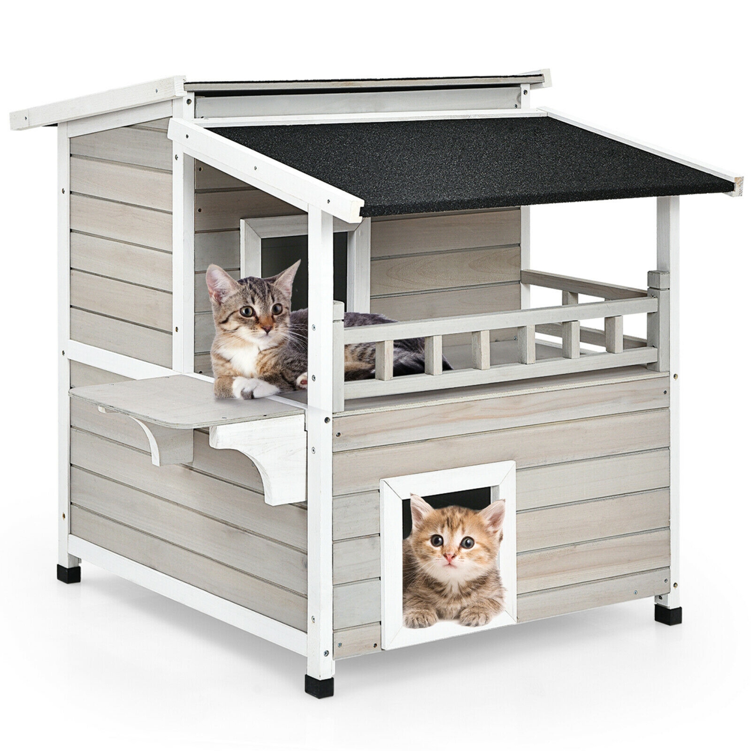 Marque Gymax, Appartement luxueux, Maison luxueuse pour chat avec abri, patio en bois avec 2 étages dont un grand balcon