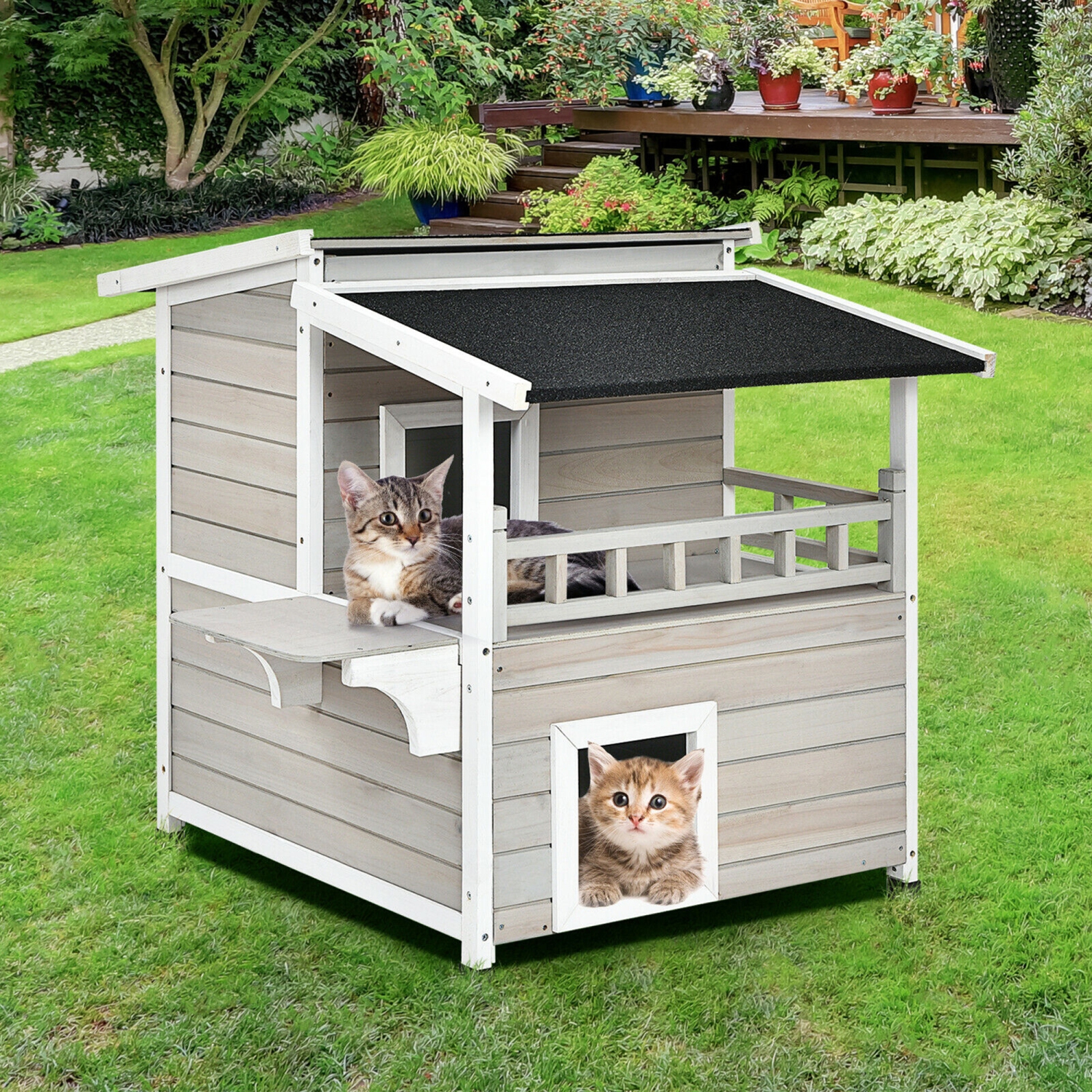 Marque Gymax, Appartement luxueux, Maison luxueuse pour chat avec abri, patio en bois avec 2 étages dont un grand balcon
