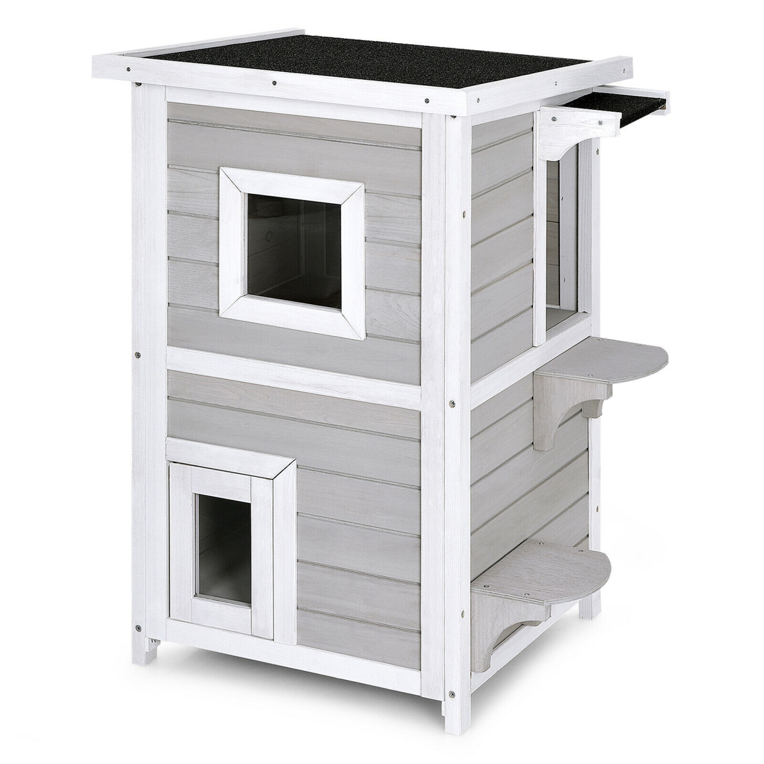 Gymax 2-Tier Wooden Cat House Outdoor Kitty Shelter w/ Escape Door Rainproof