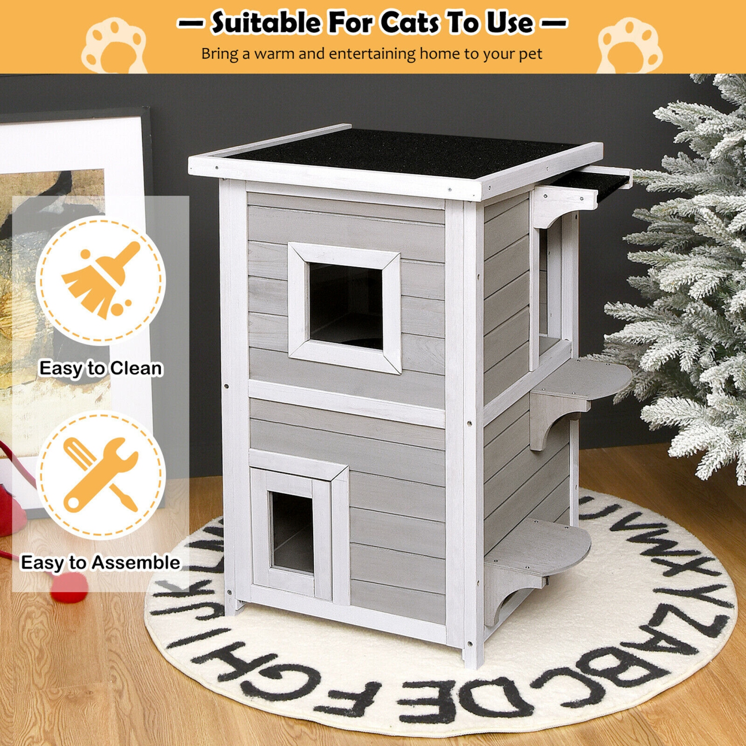 Gymax 2-Tier Wooden Cat House Outdoor Kitty Shelter w/ Escape Door Rainproof