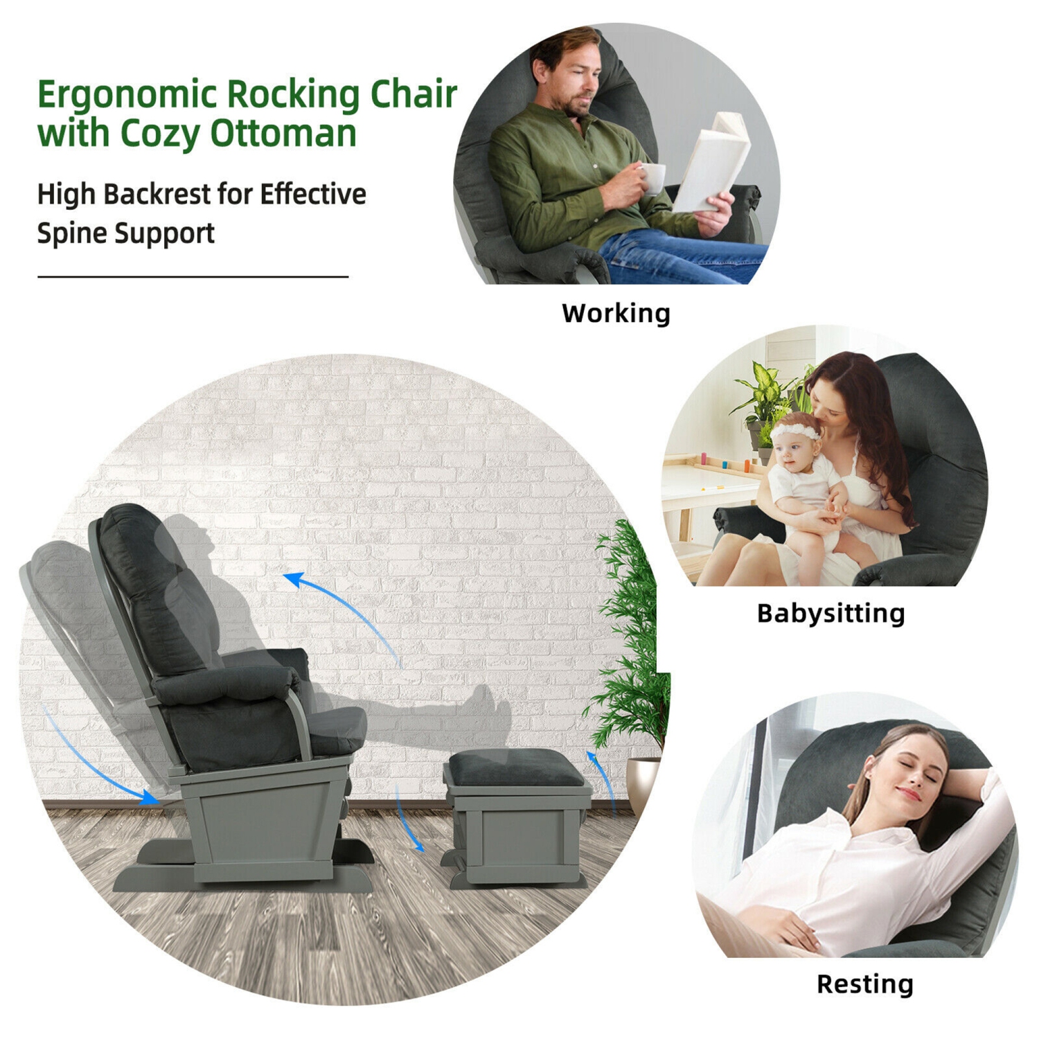 Gymax Wood Glider & Ottoman Cushion Set Baby Nursery Rocking Chair