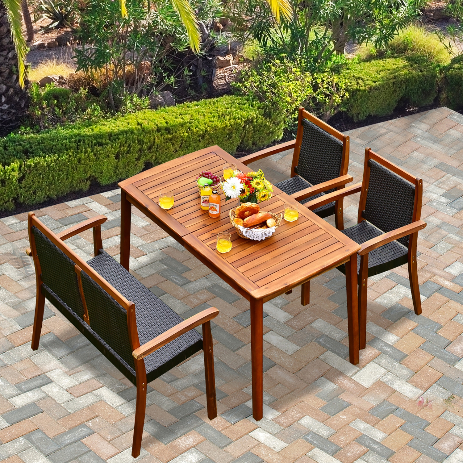 Gymax 4PCS Patio Dining Set Acacia Wood Rattan Furniture Set w/ Umbrella Hole