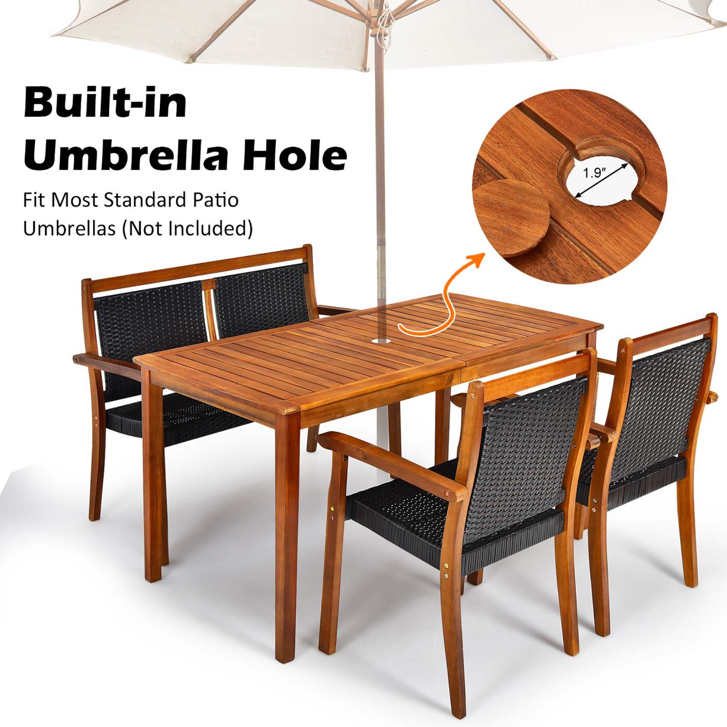 Gymax 4PCS Patio Dining Set Acacia Wood Rattan Furniture Set w/ Umbrella Hole