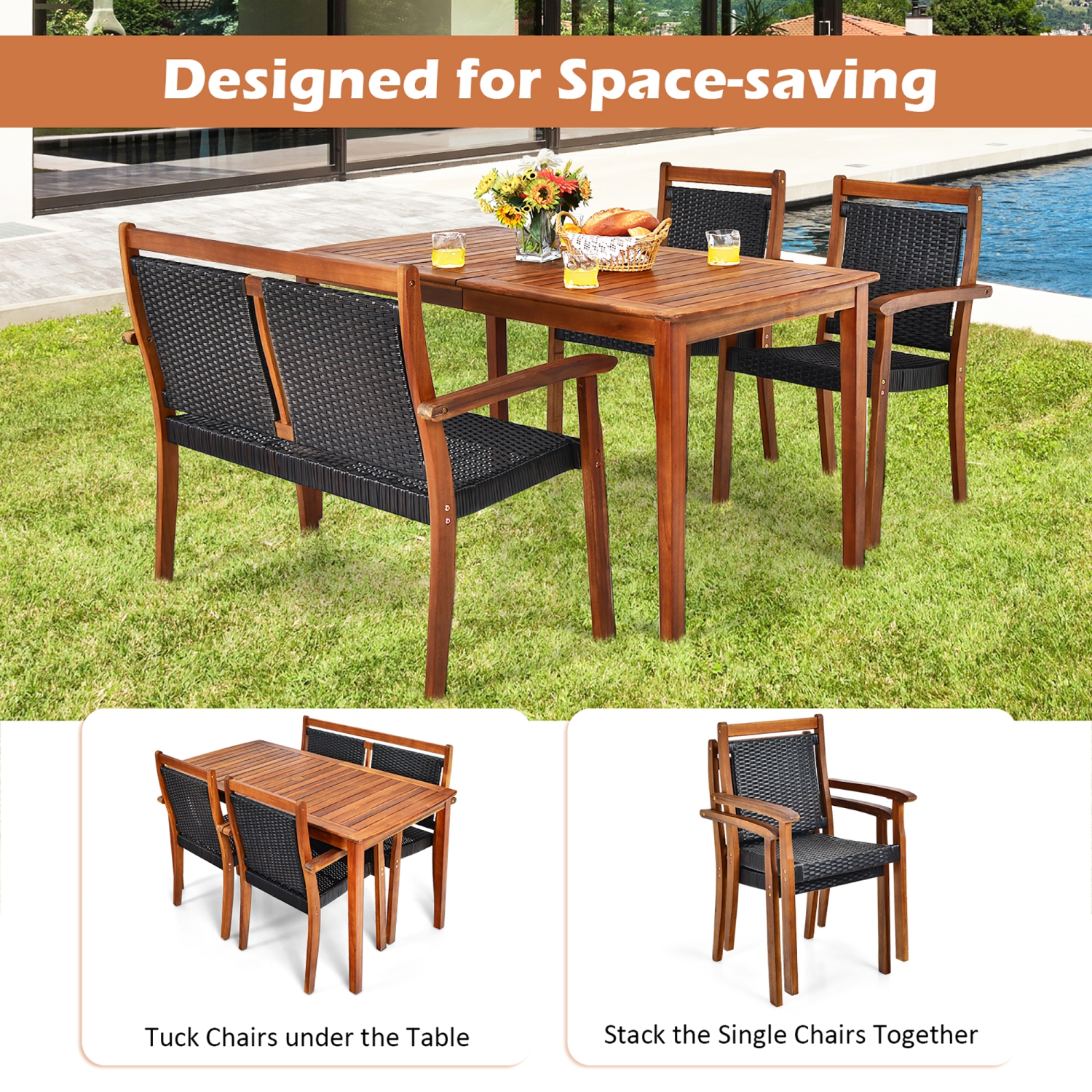 Gymax 4PCS Patio Dining Set Acacia Wood Rattan Furniture Set w/ Umbrella Hole