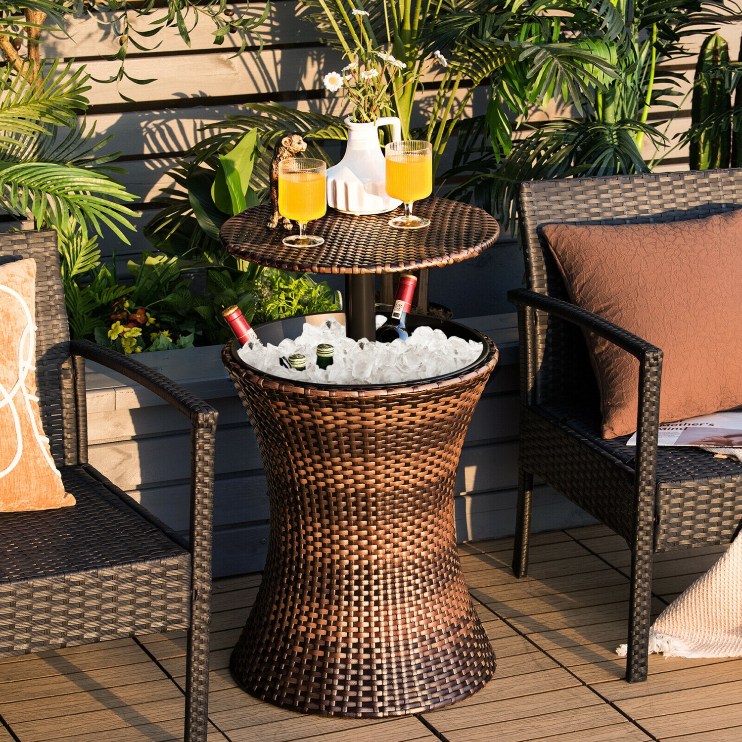 Gymax Outdoor Rattan Cooler Bar Table Patio Ice Bucket w/ Adjustable Height