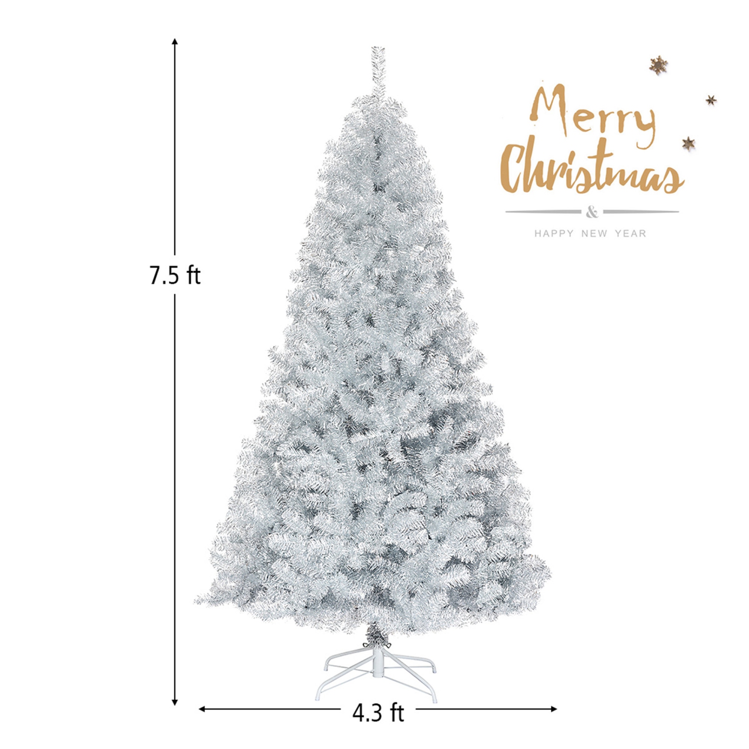Gymax 7.5 FT Silver Tinsel Christmas Tree Artificial Hinged Tree Holiday Decoration
