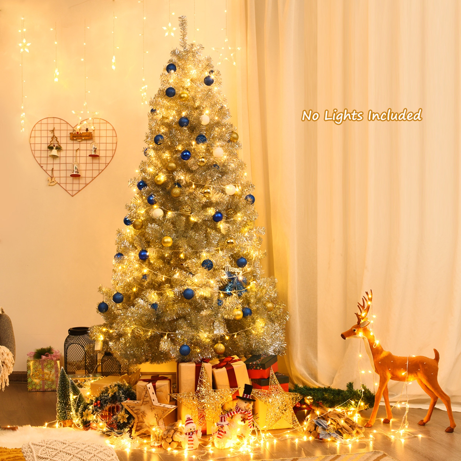 Gymax 7.5 FT Silver Tinsel Christmas Tree Artificial Hinged Tree Holiday Decoration