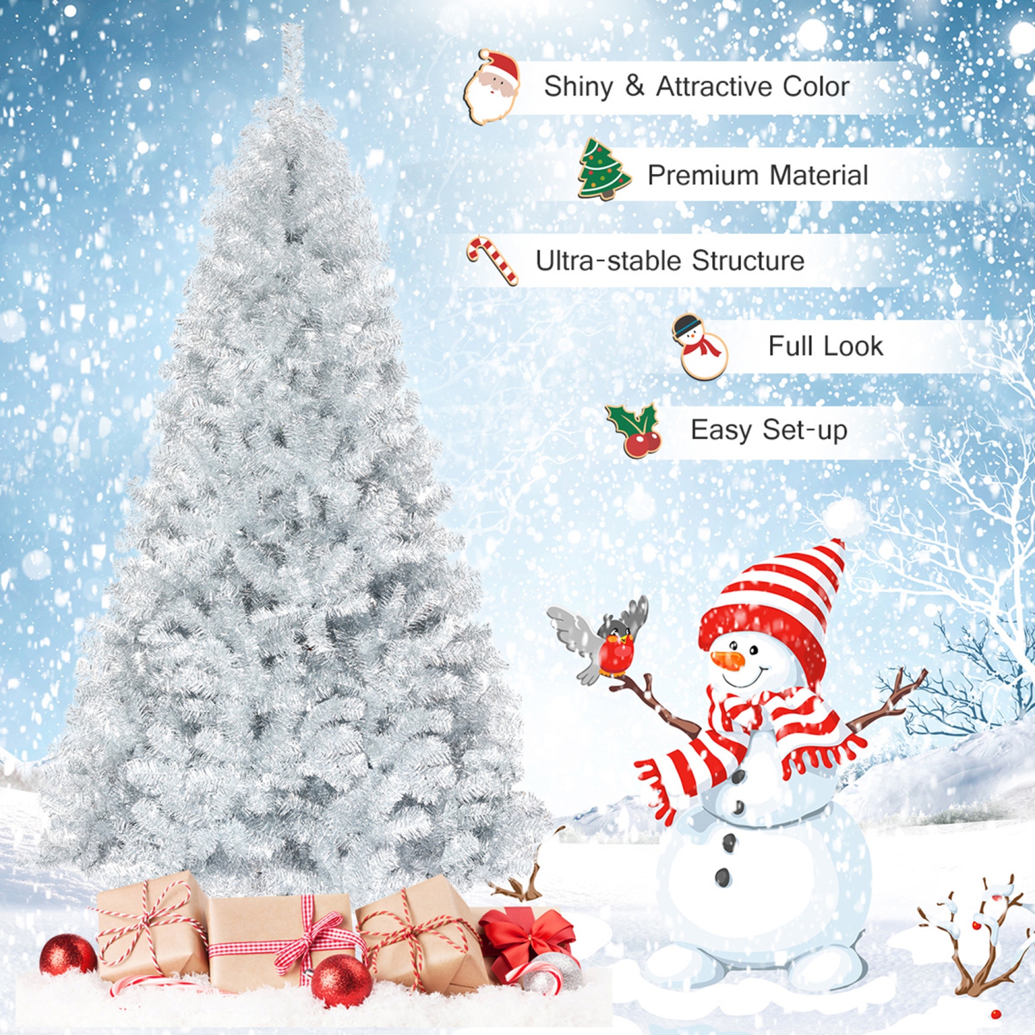 Gymax 7.5 FT Silver Tinsel Christmas Tree Artificial Hinged Tree Holiday Decoration