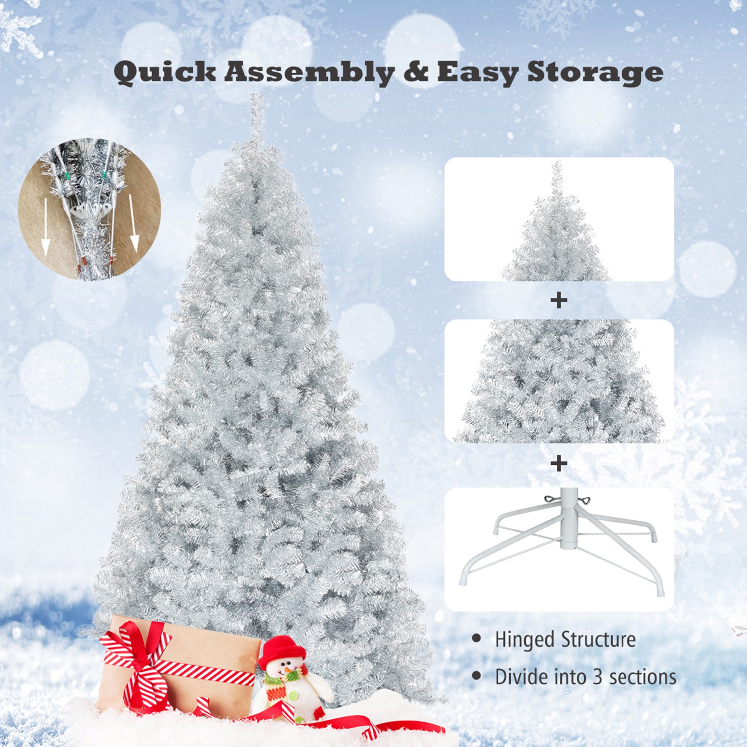 Gymax 7.5 FT Silver Tinsel Christmas Tree Artificial Hinged Tree Holiday Decoration