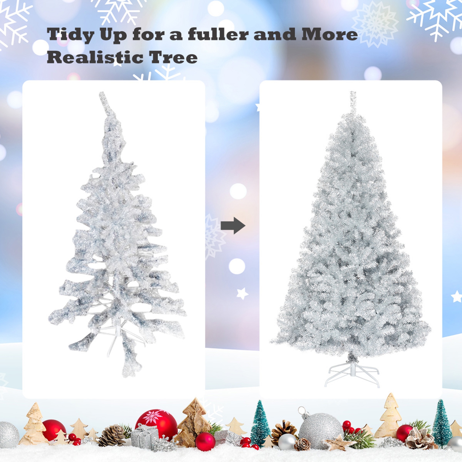 Gymax 7.5 FT Silver Tinsel Christmas Tree Artificial Hinged Tree Holiday Decoration