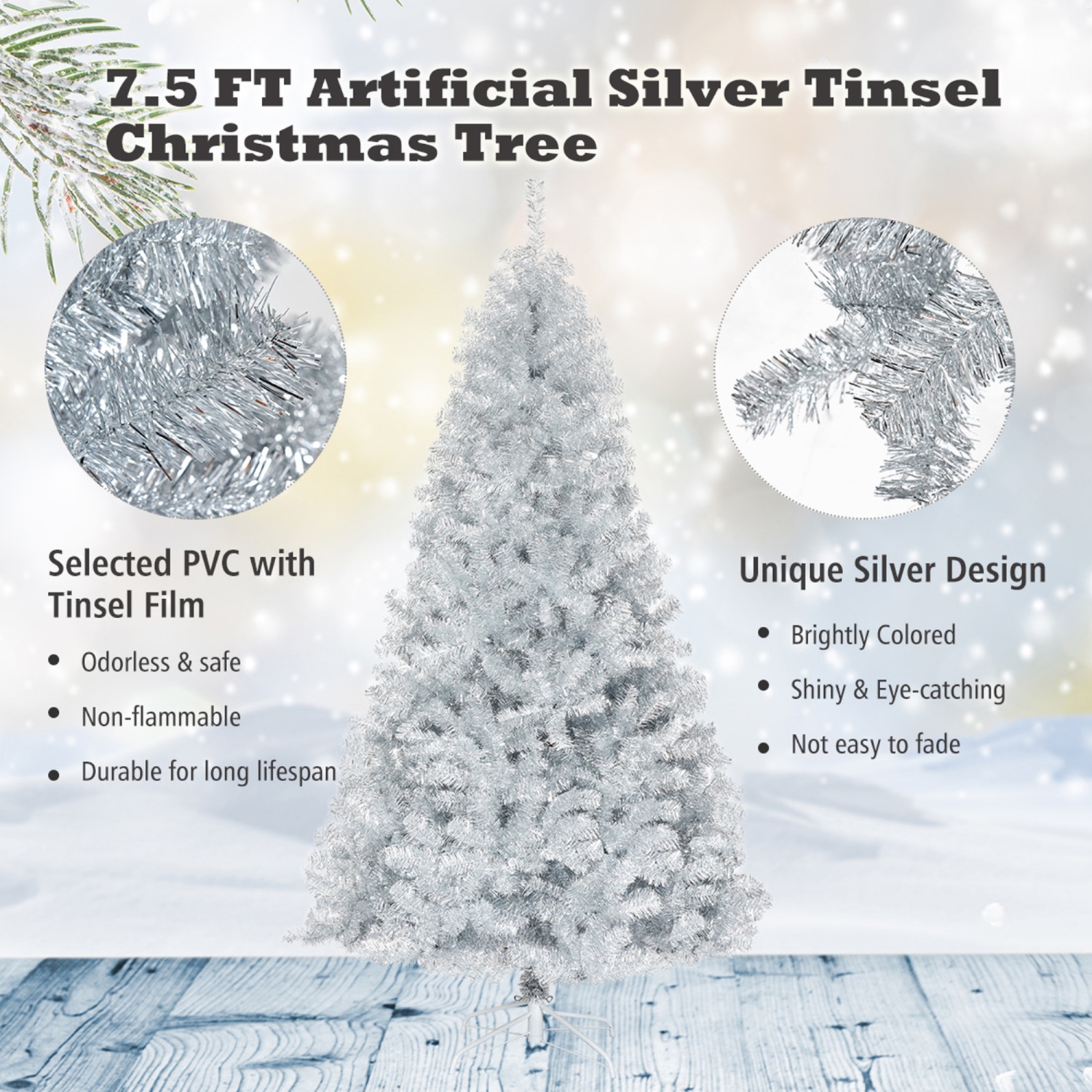 Gymax 7.5 FT Silver Tinsel Christmas Tree Artificial Hinged Tree Holiday Decoration