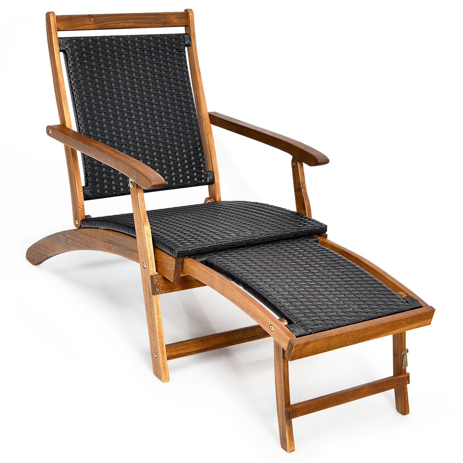 Chaise longue de patio pliante en rotin avec cadre en bois et repose-pieds rétractables de Costway 2 pièces