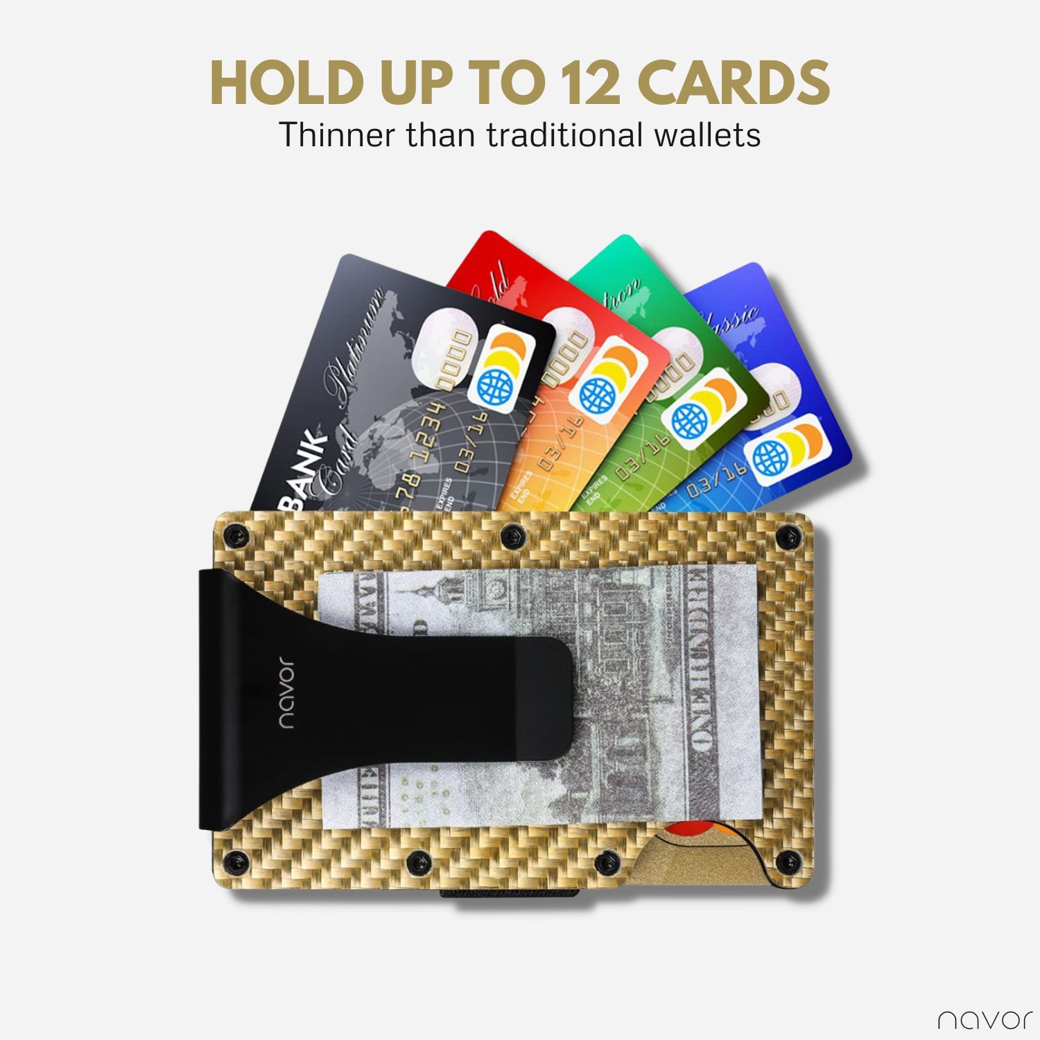 navor Minimalist Carbon Fiber Wallet - Front Pocket RFID Blocking Minimalist Wallet for Men & Women - Metal Wallet Credit Card Holder with Money Clip