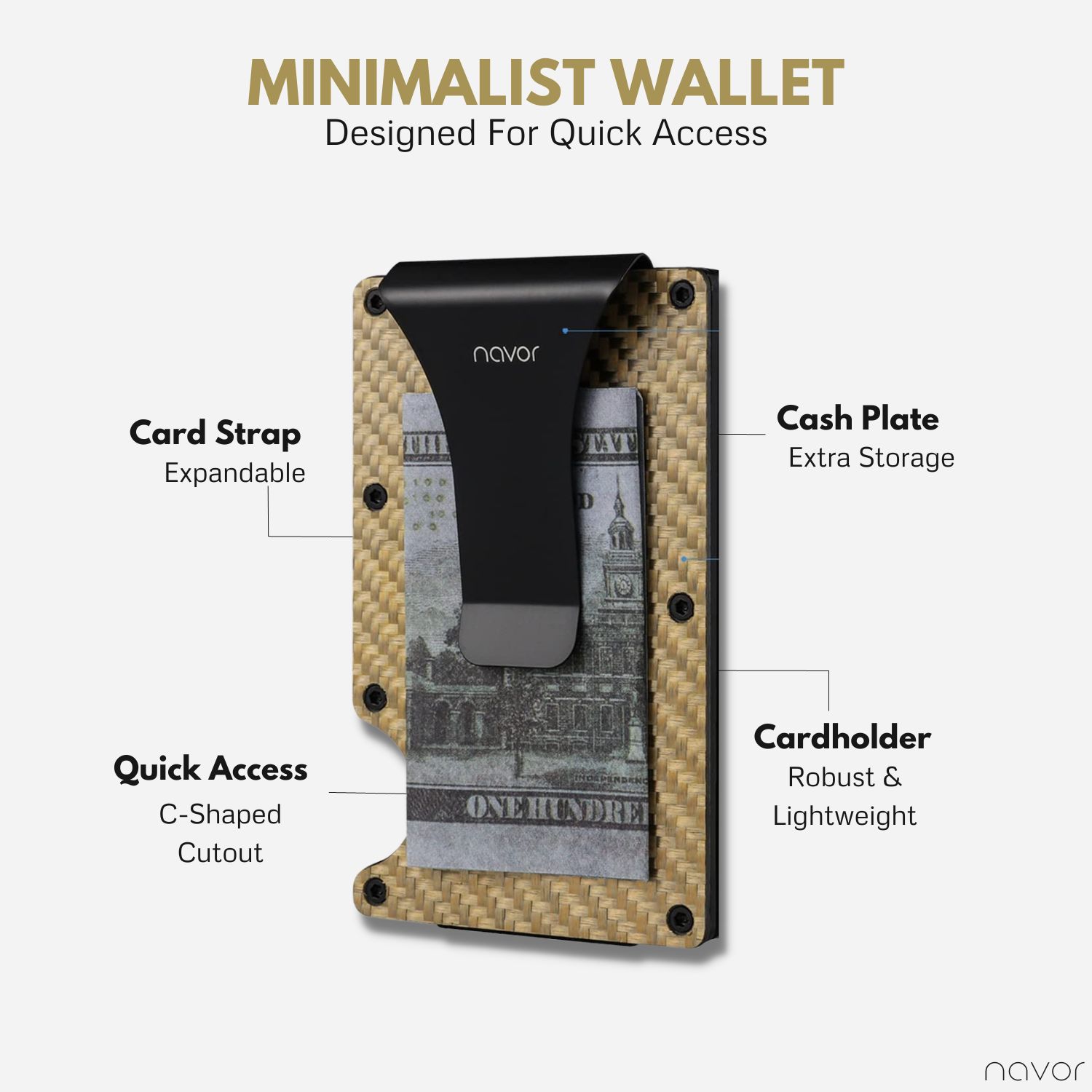navor Minimalist Carbon Fiber Wallet - Front Pocket RFID Blocking Minimalist Wallet for Men & Women - Metal Wallet Credit Card Holder with Money Clip
