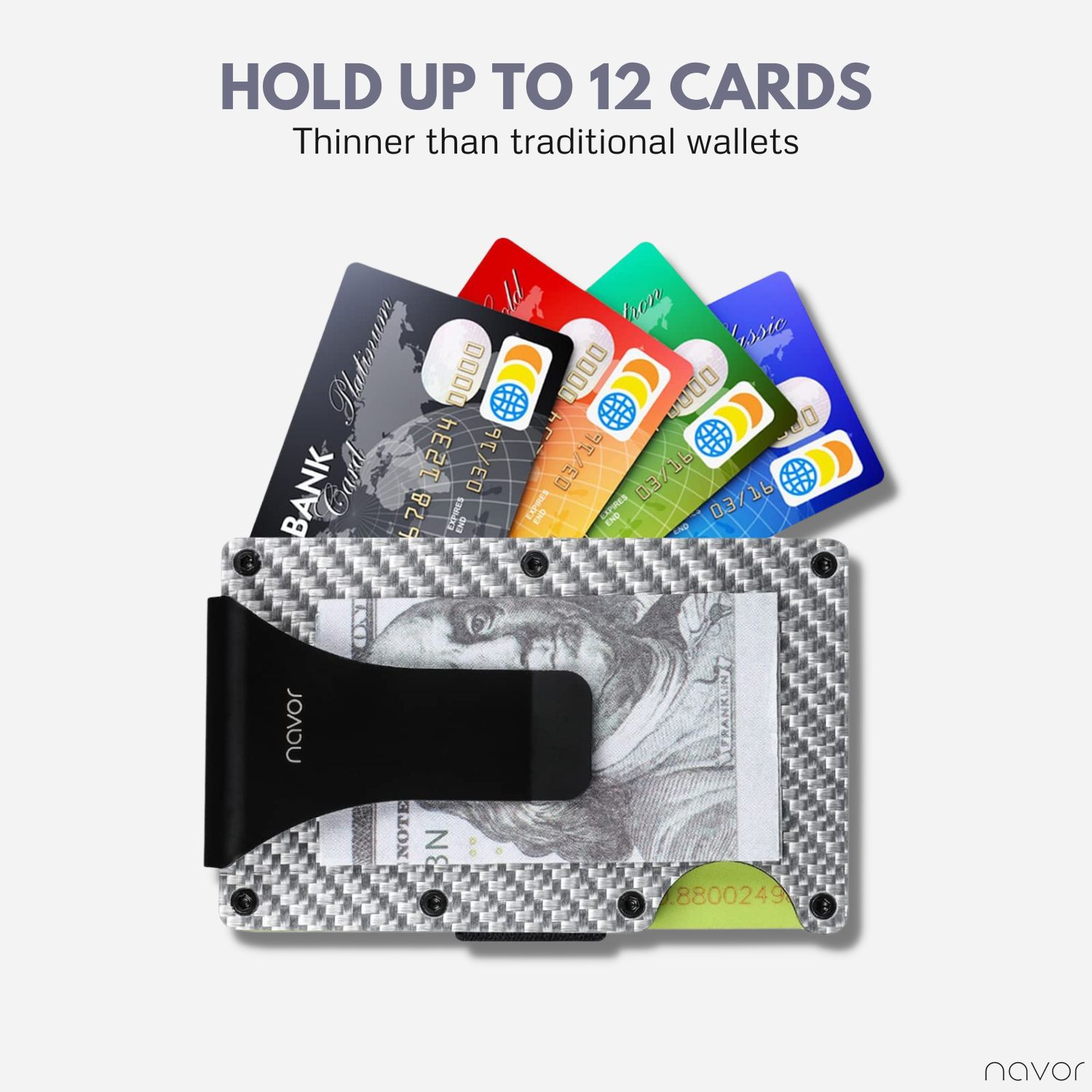 navor Minimalist Carbon Fiber Wallet - Front Pocket RFID Blocking Minimalist Wallet for Men & Women - Metal Wallet Credit Card Holder with Money Clip