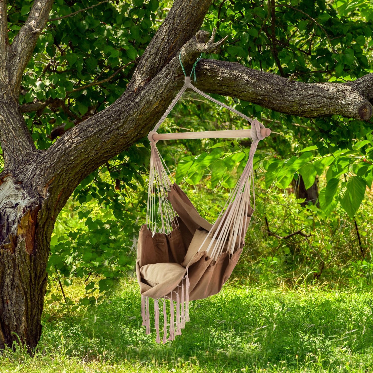 Hammock Chair Hanging Rope Swing With 2 pillows and space of book on side, Light Khaki Color
