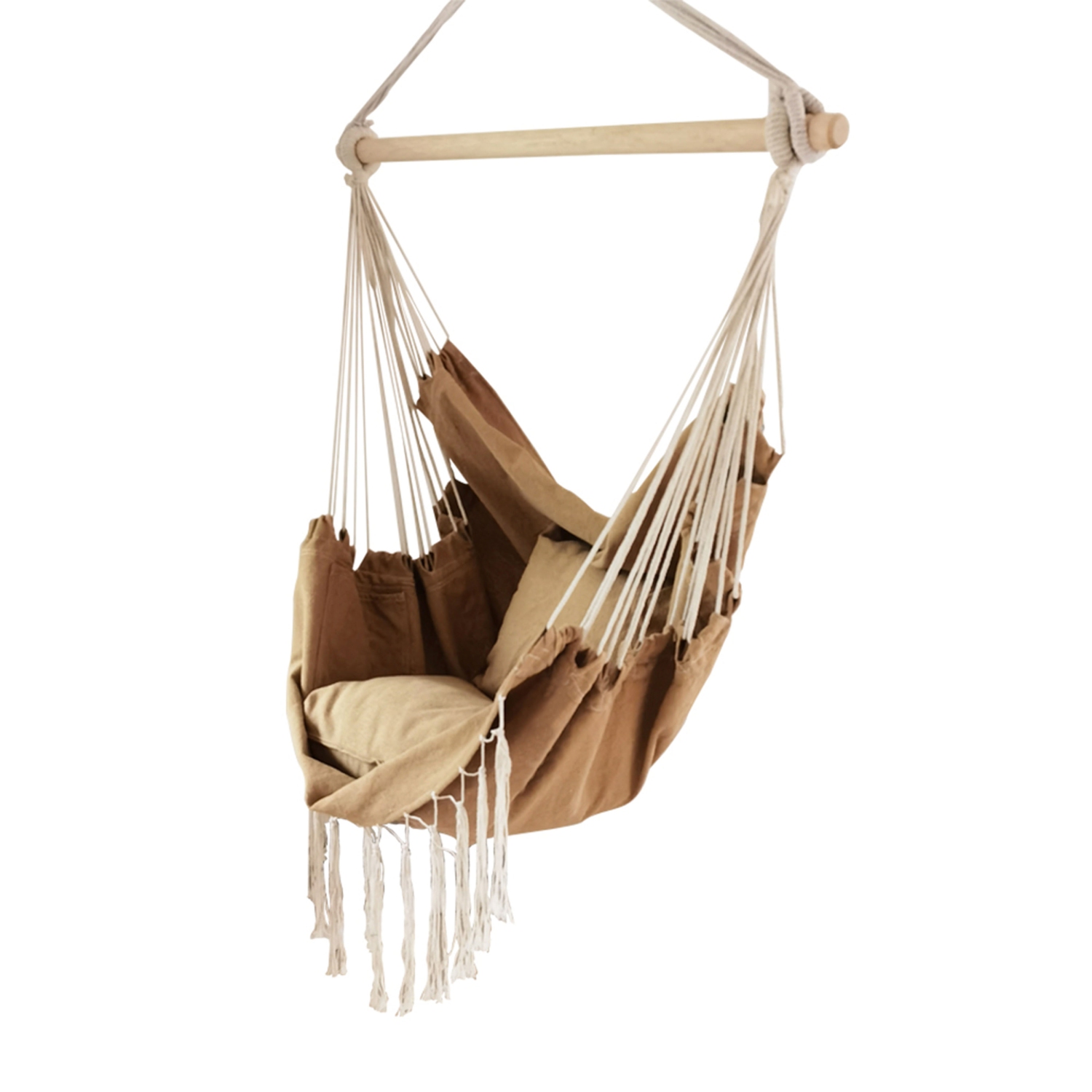 Hammock Chair Hanging Rope Swing With 2 pillows and space of book on side, Light Khaki Color