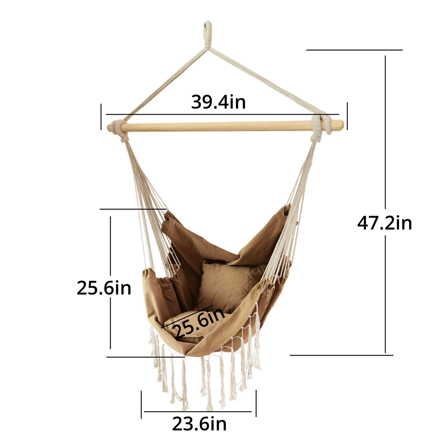 Hammock Chair Hanging Rope Swing With 2 pillows and space of book on side, Light Khaki Color