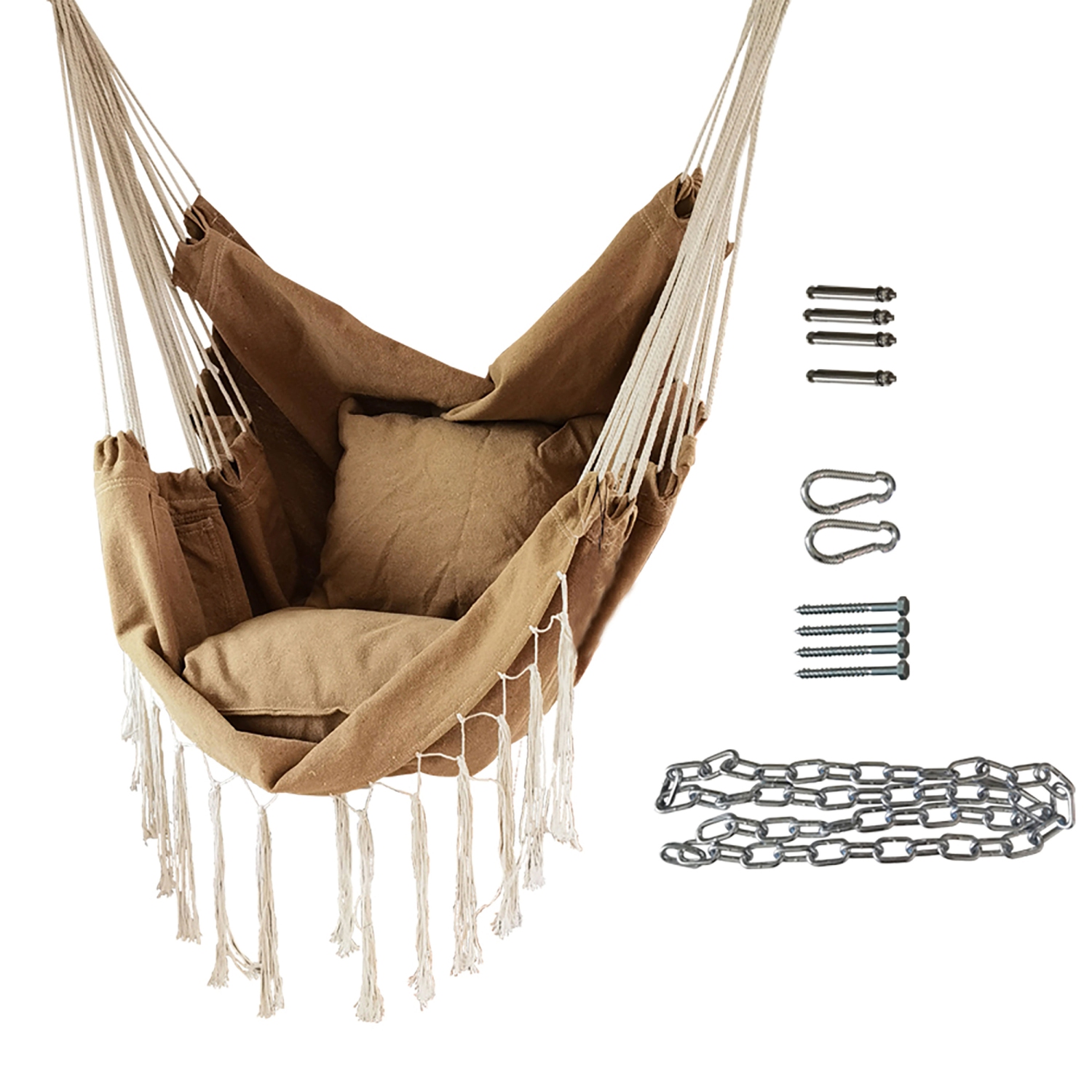Hammock Chair Hanging Rope Swing With 2 pillows and space of book on side, Light Khaki Color