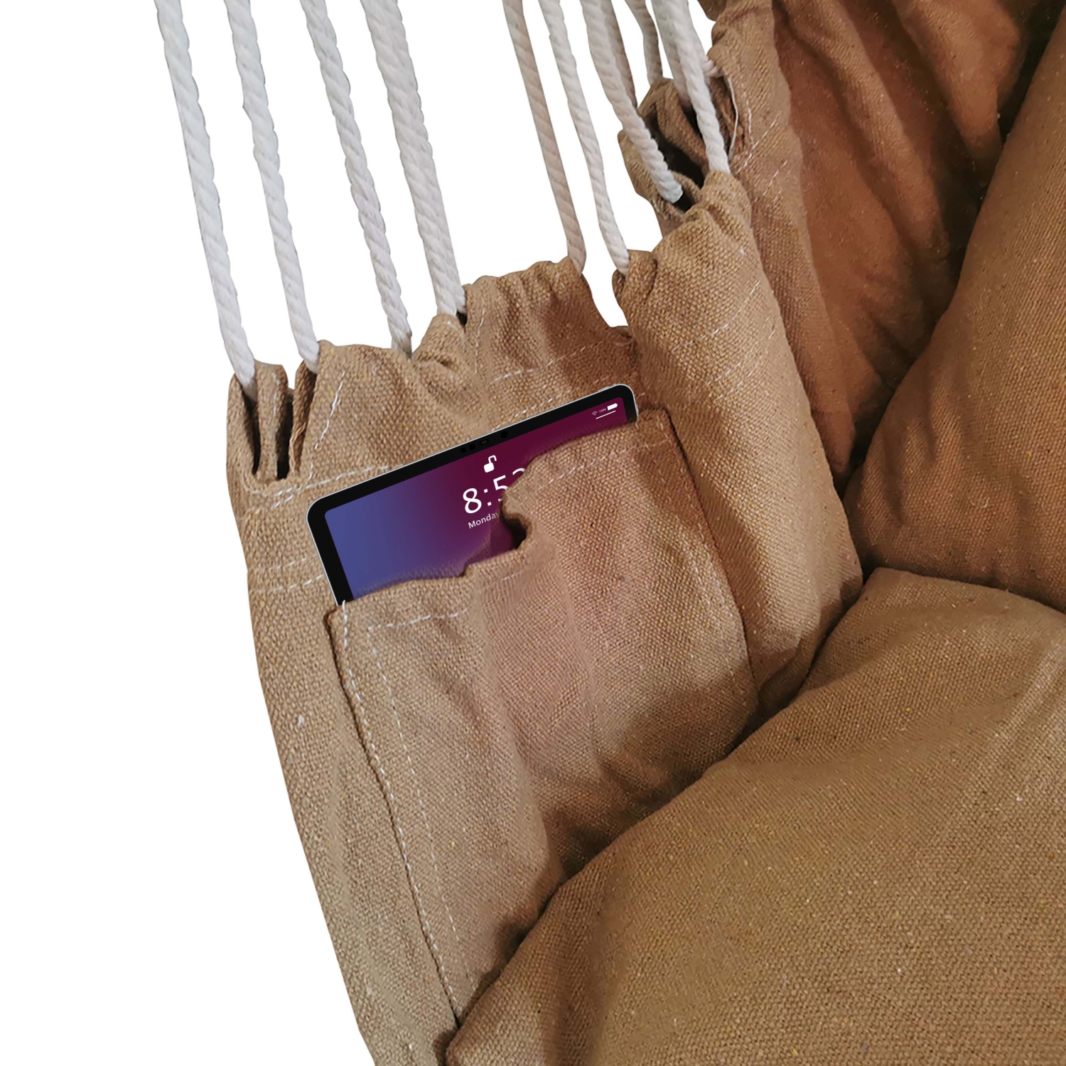 Hammock Chair Hanging Rope Swing With 2 pillows and space of book on side, Light Khaki Color