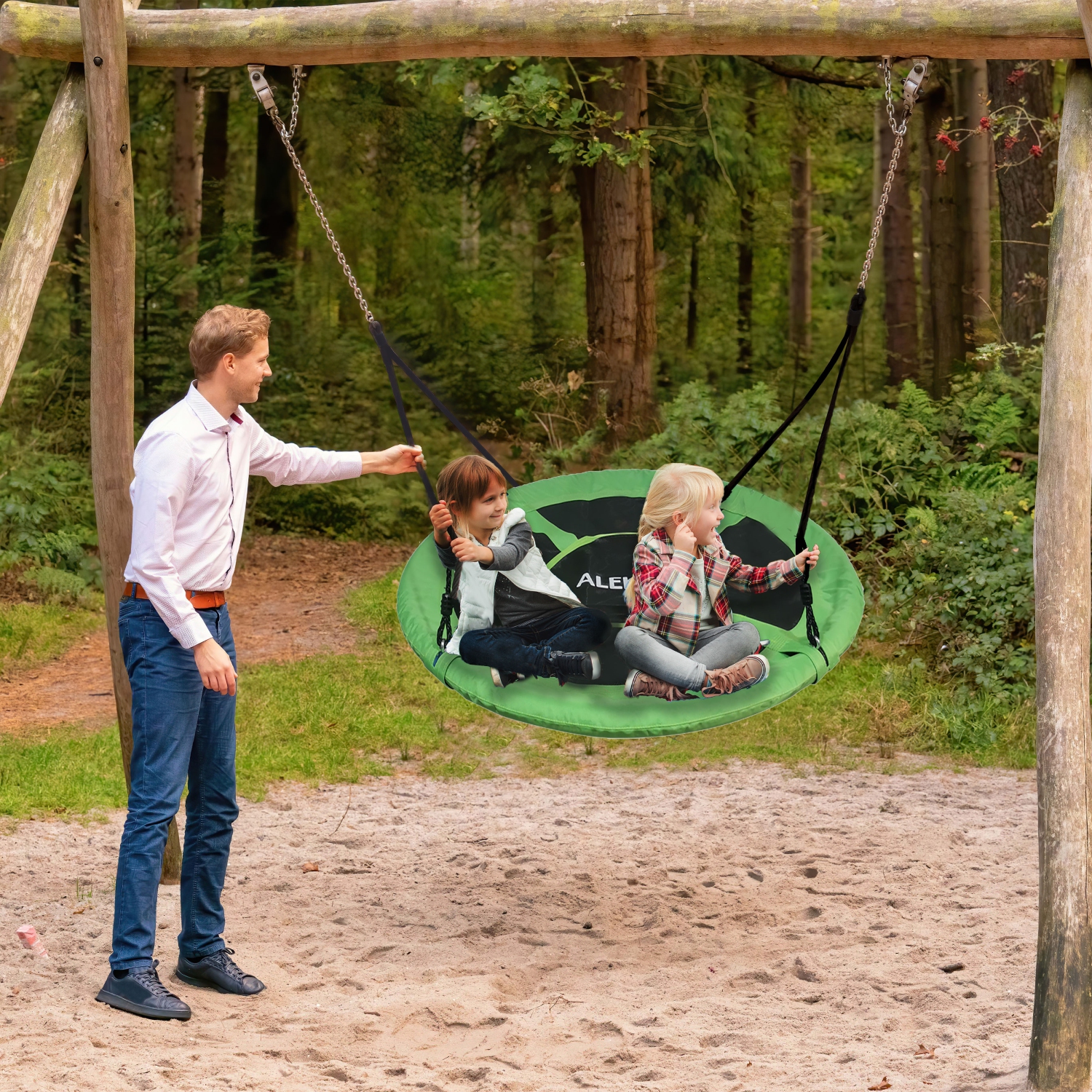 Outdoor Swing Kids Round Tree Anchor Hammock Saucer Backyard Hanging Seat with Adjustable Ropes, Green Color