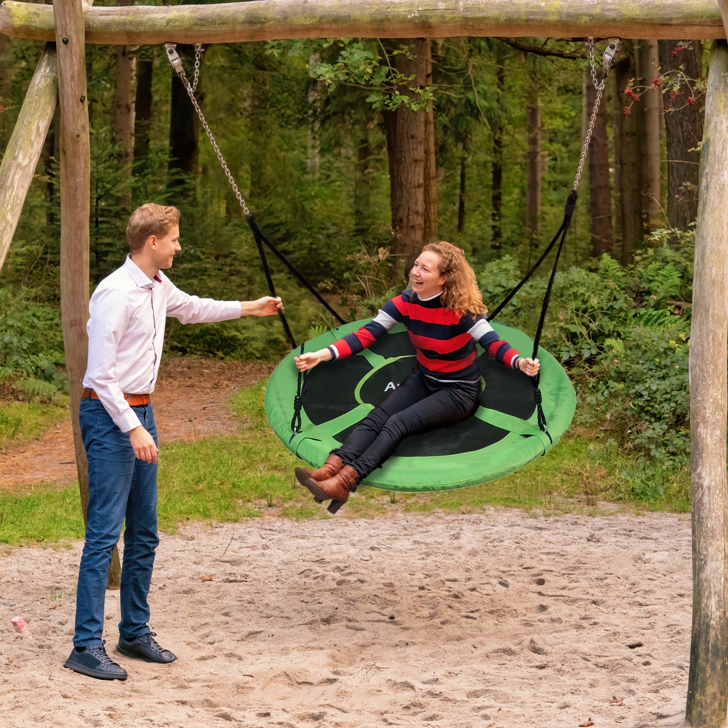 Outdoor Swing Kids Round Tree Anchor Hammock Saucer Backyard Hanging Seat with Adjustable Ropes, Green Color