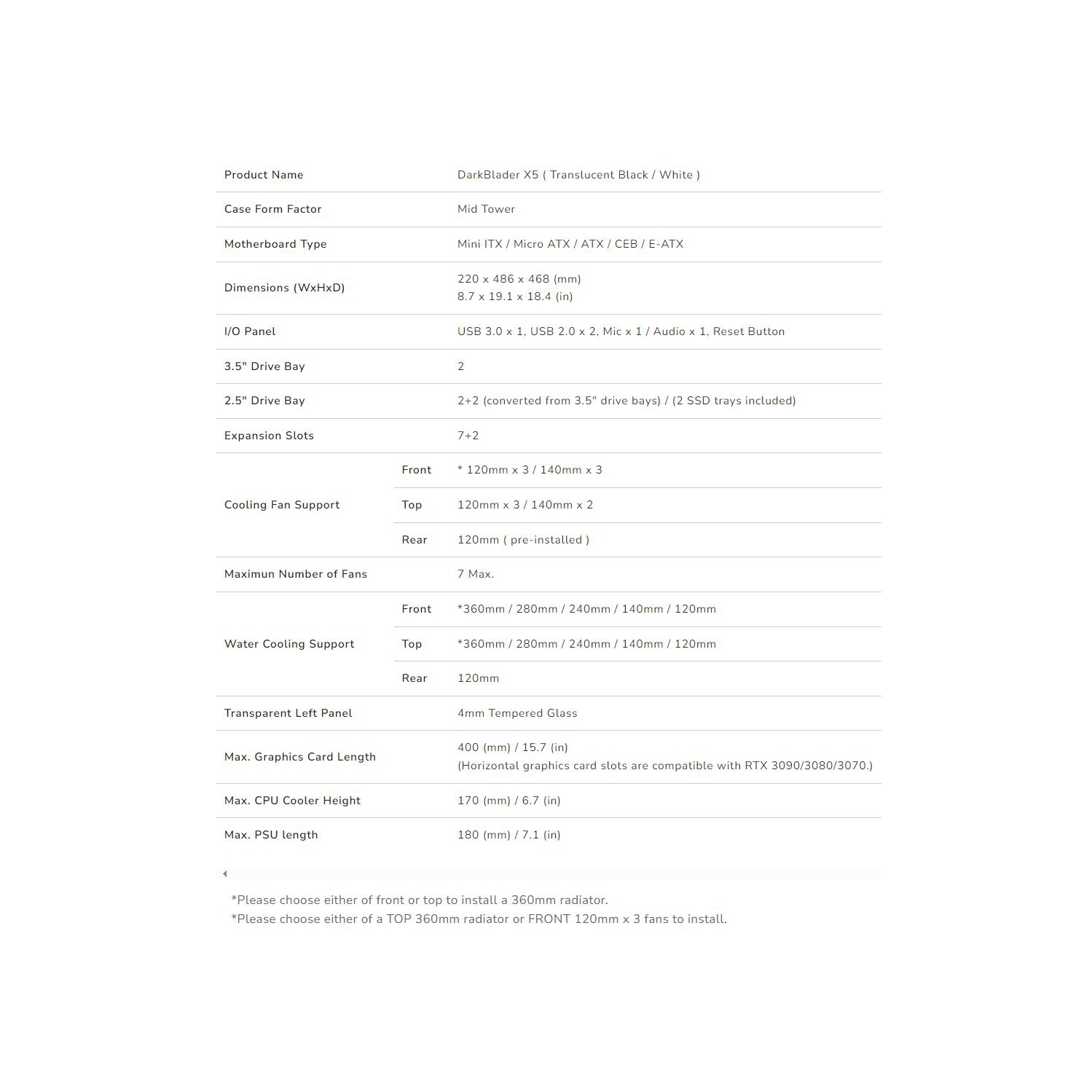 Boîtier d'ordinateur mi-tour ATX Cougar Dark Blader X5, panneau latéral en verre trempé, 1 ventilateurs noirs 120&nbsp;mm préinstallés, blanc