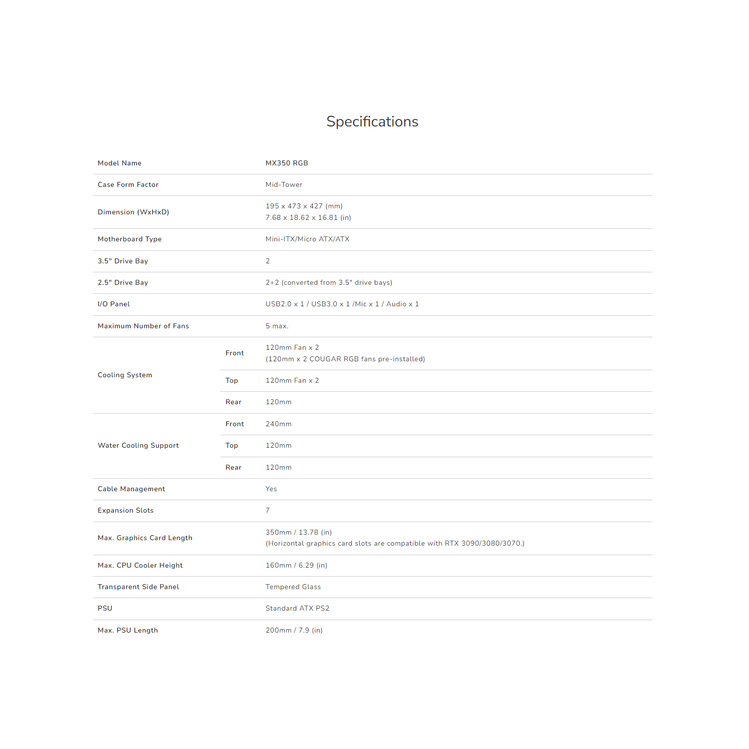Tour d'ordinateur mi-haute ATX Cougar MX350 RGB, panneau latéral en verre trempé, 2 ventilateurs 120&nbsp;mm ARGB préinstallés, noir