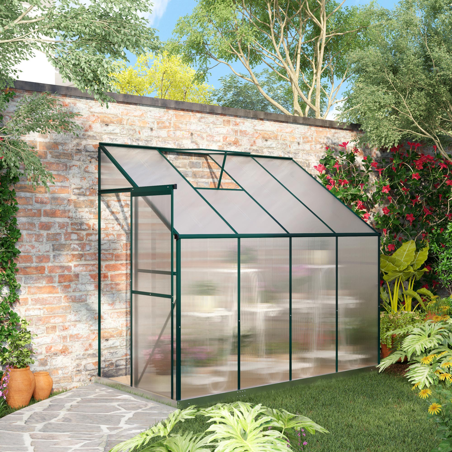 Outsunny Lean-to Greenhouse Walk-in Garden Aluminum Polycarbonate with Roof Vent for Plants Herbs Vegetables 8' x 4' x 7' Green