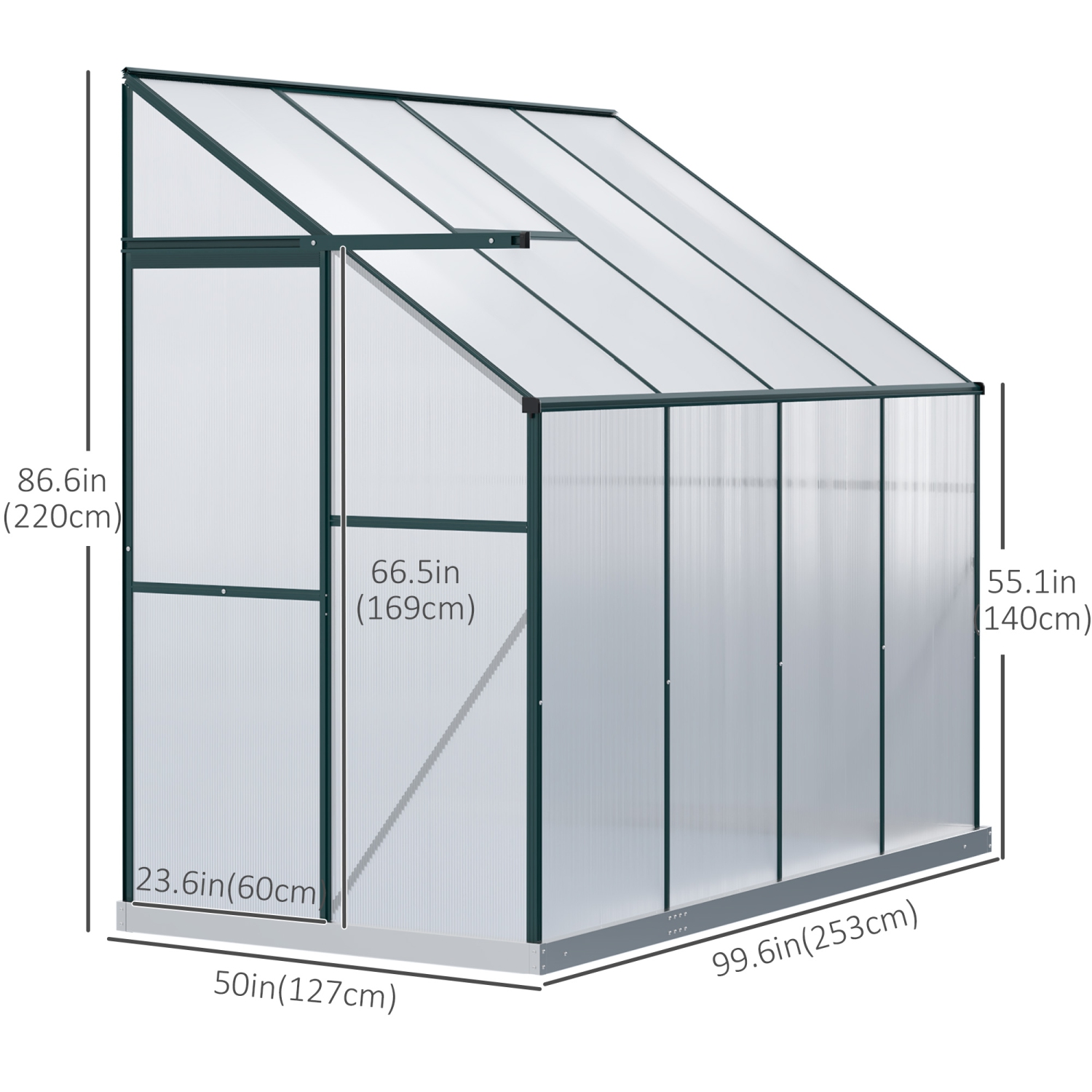 Outsunny Lean-to Greenhouse Walk-in Garden Aluminum Polycarbonate with Roof Vent for Plants Herbs Vegetables 8' x 4' x 7' Green