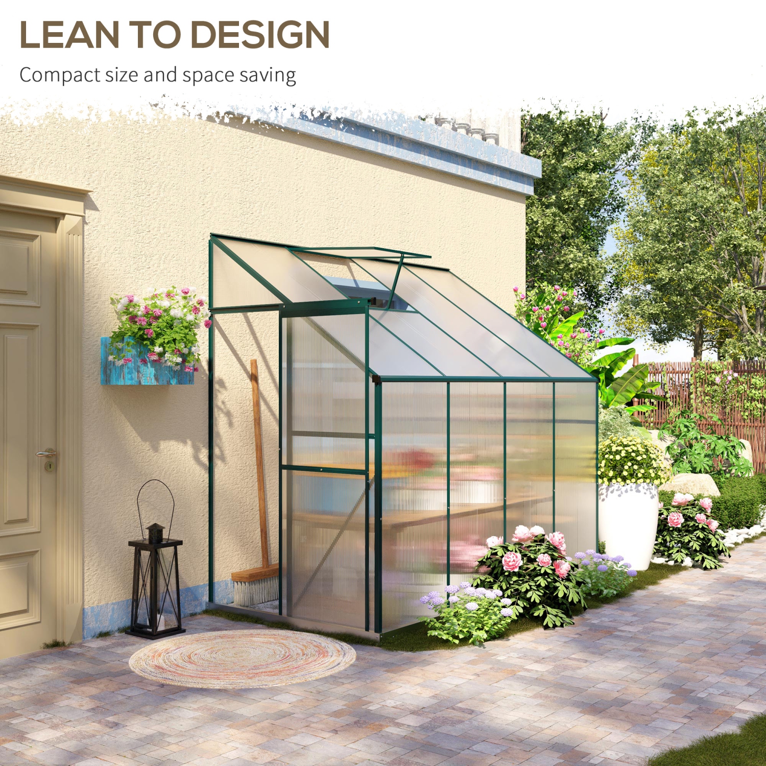 Outsunny Lean-to Greenhouse Walk-in Garden Aluminum Polycarbonate with Roof Vent for Plants Herbs Vegetables 8' x 4' x 7' Green