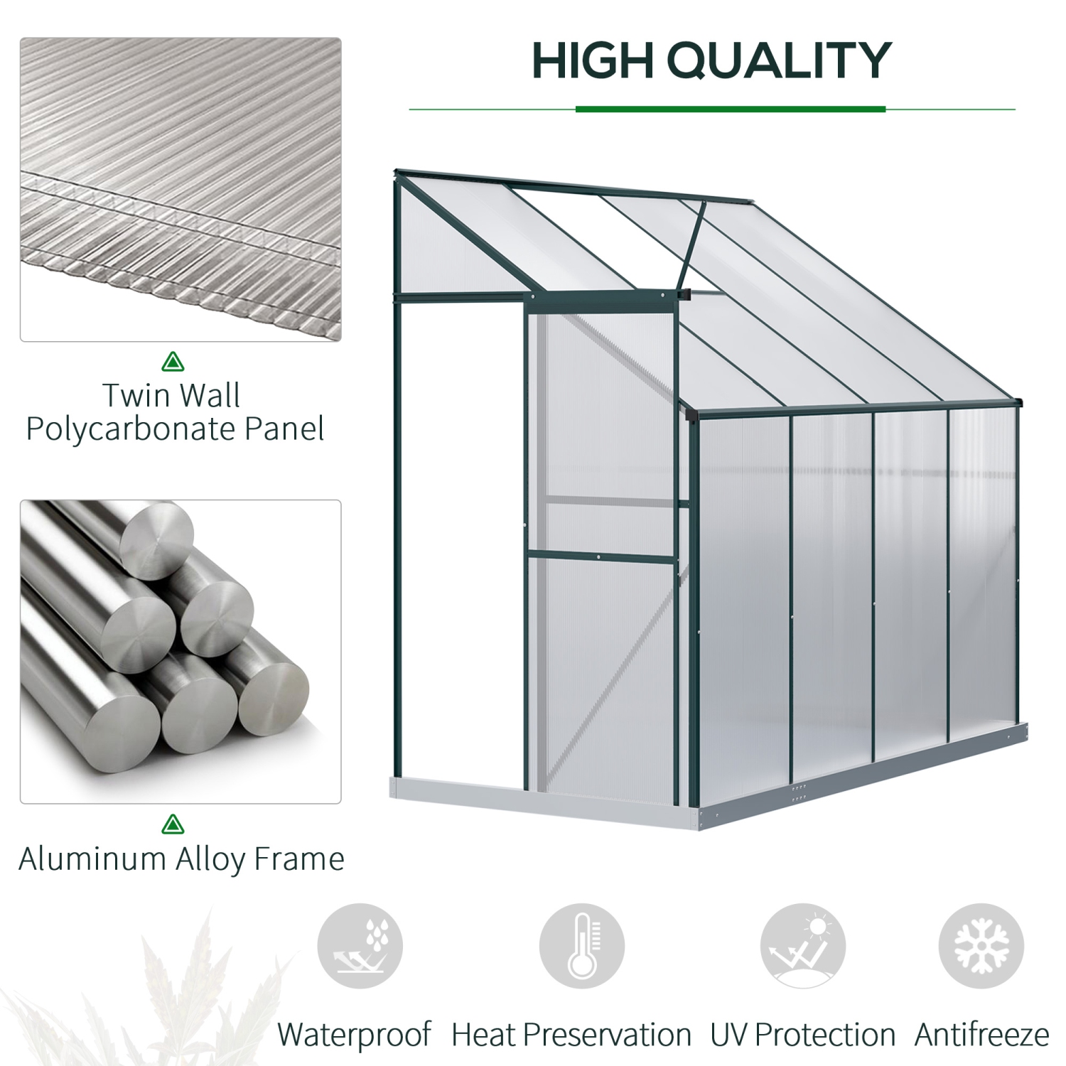 Outsunny Lean-to Greenhouse Walk-in Garden Aluminum Polycarbonate with Roof Vent for Plants Herbs Vegetables 8' x 4' x 7' Green