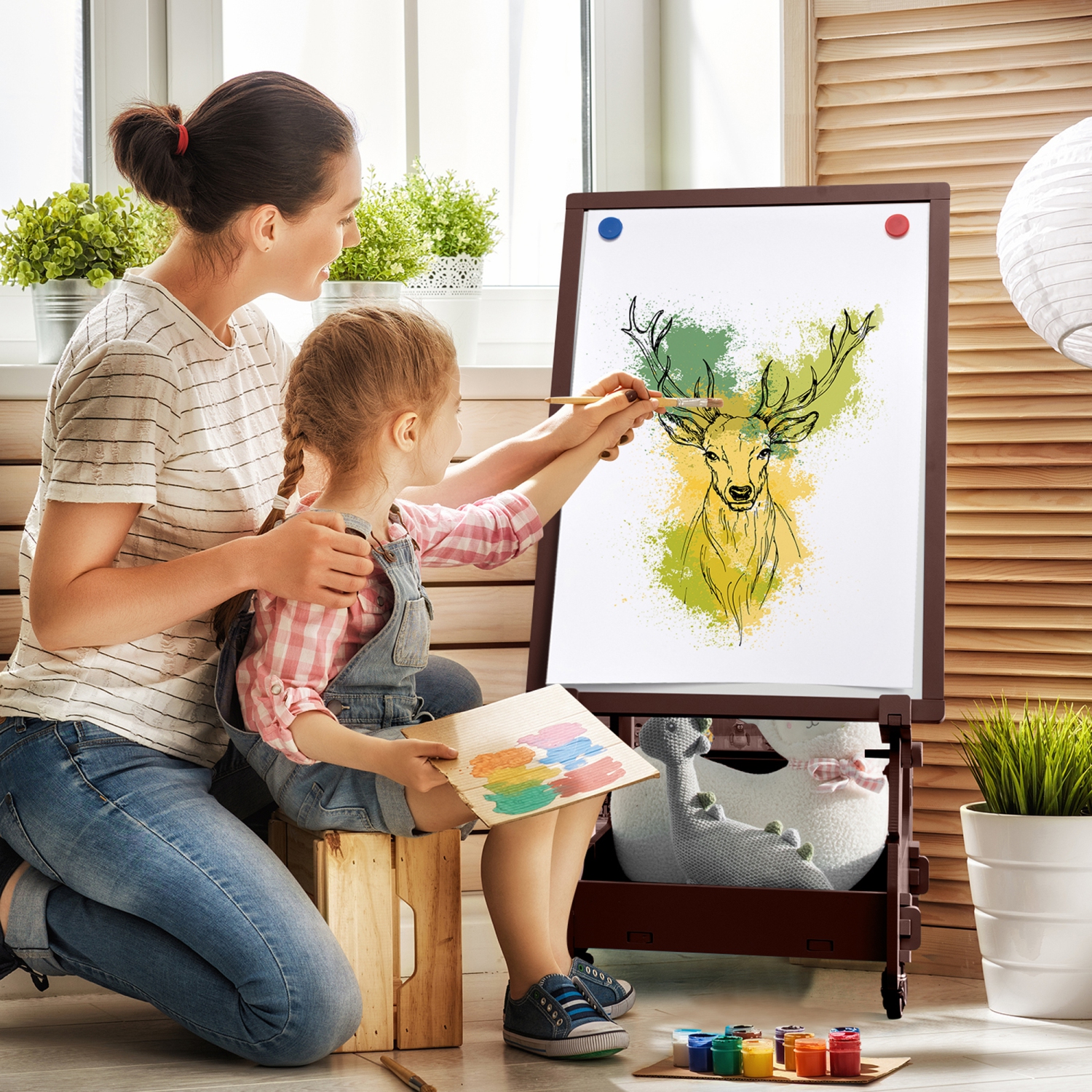 Gymax Kids' Standing Art Easel Dry-Erase Board Double Sided Chalkboard