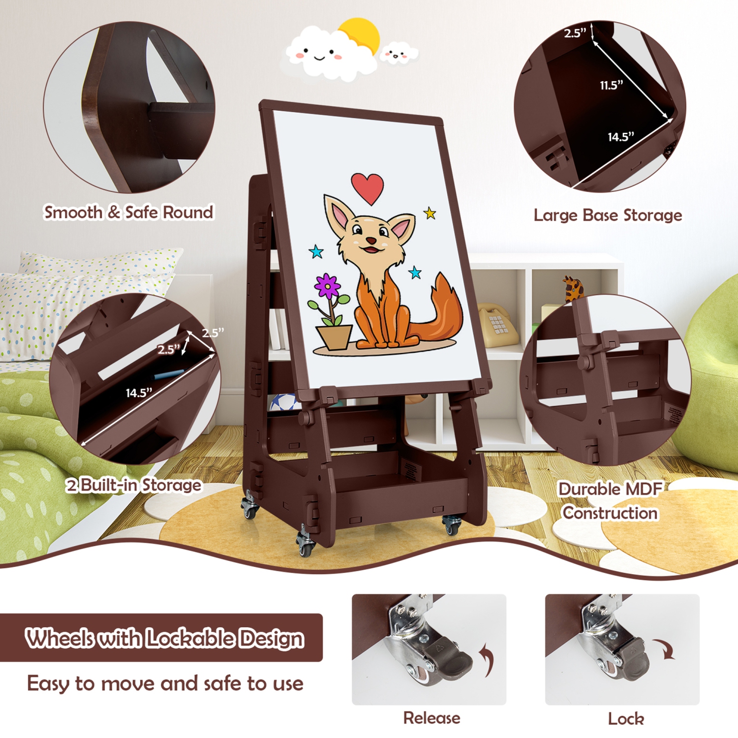 Gymax Kids' Standing Art Easel Dry-Erase Board Double Sided Chalkboard