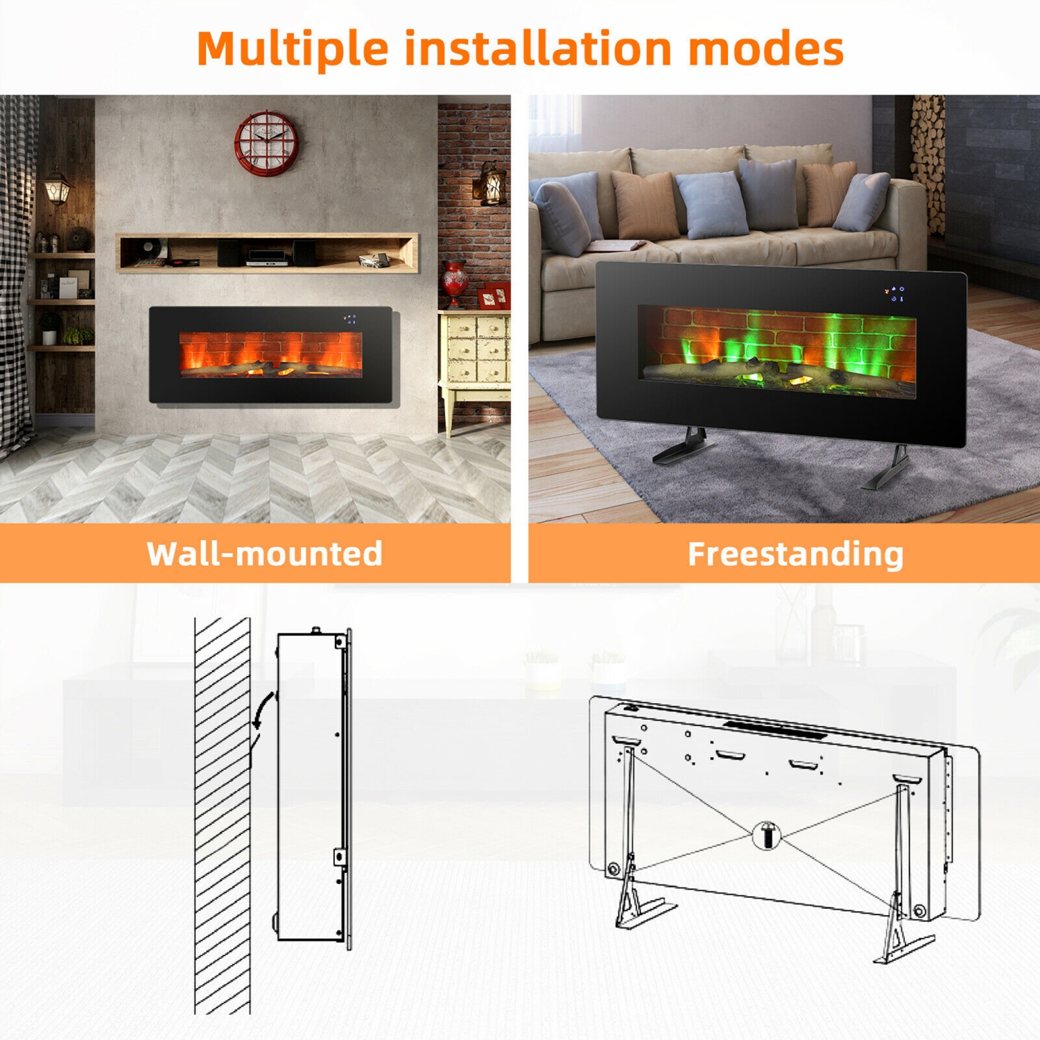 Gymax 42'' Electric Fireplace Wall Mounted & Freestanding Heater Remote Control 1500W