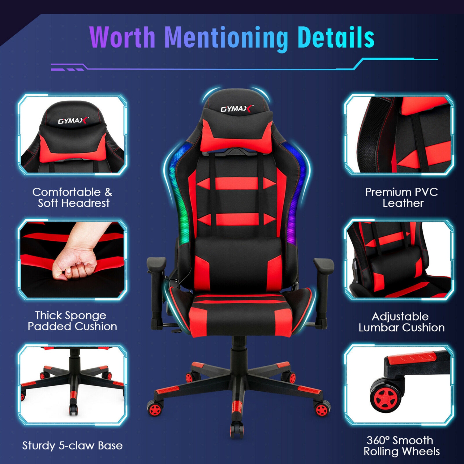 Gymax Gaming Chair Adjustable Swivel Computer Chair w/ LED Lights & Remote