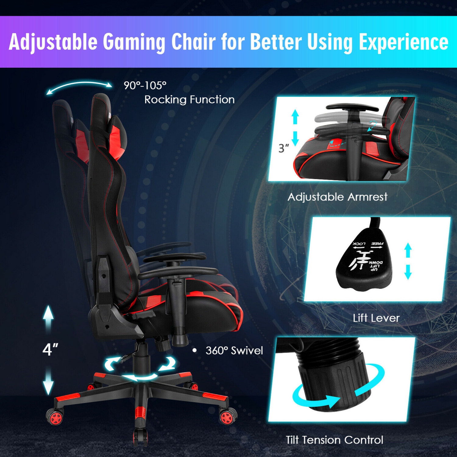 Gymax Gaming Chair Adjustable Swivel Computer Chair w/ LED Lights & Remote