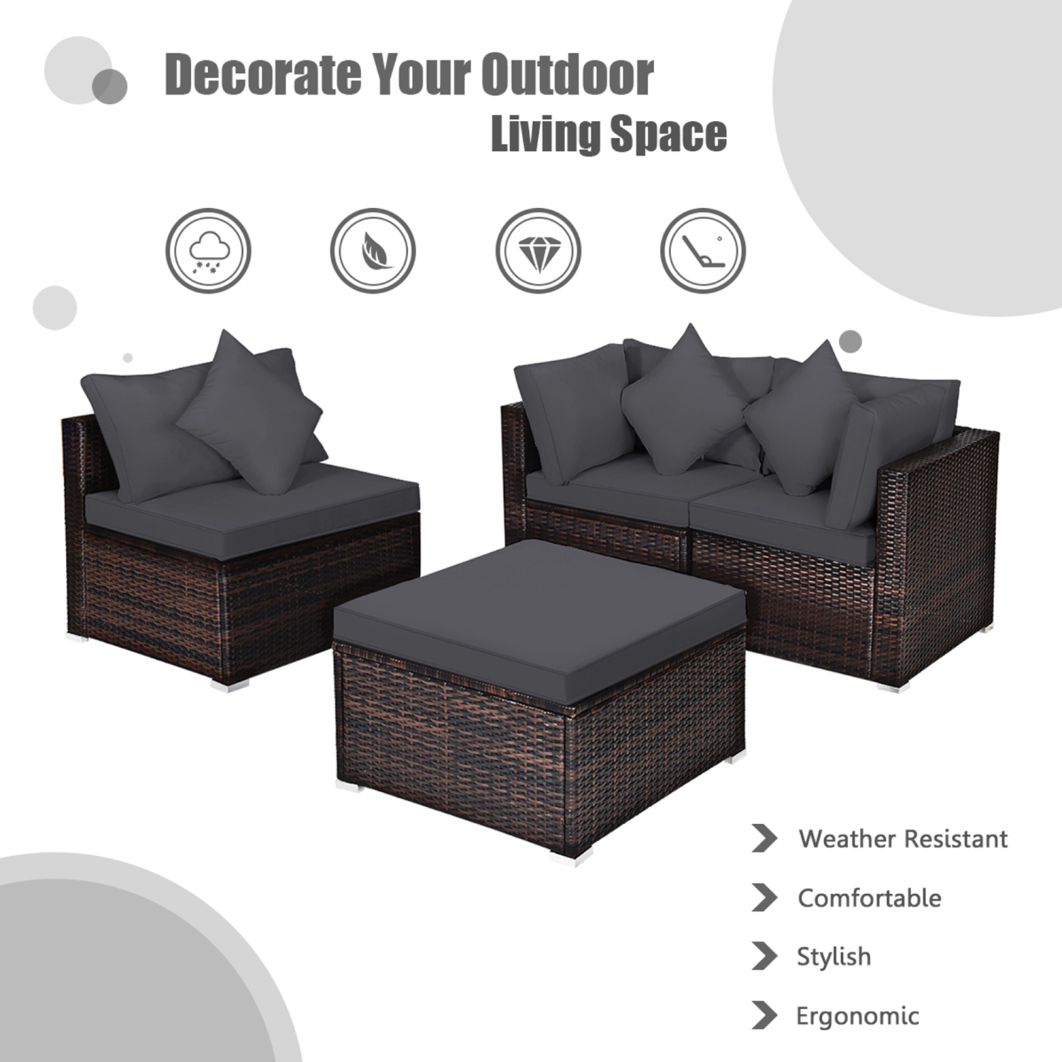 Gymax 4PCS Rattan Patio Conversation Furniture Set Yard Outdoor w/ Grey Cushion