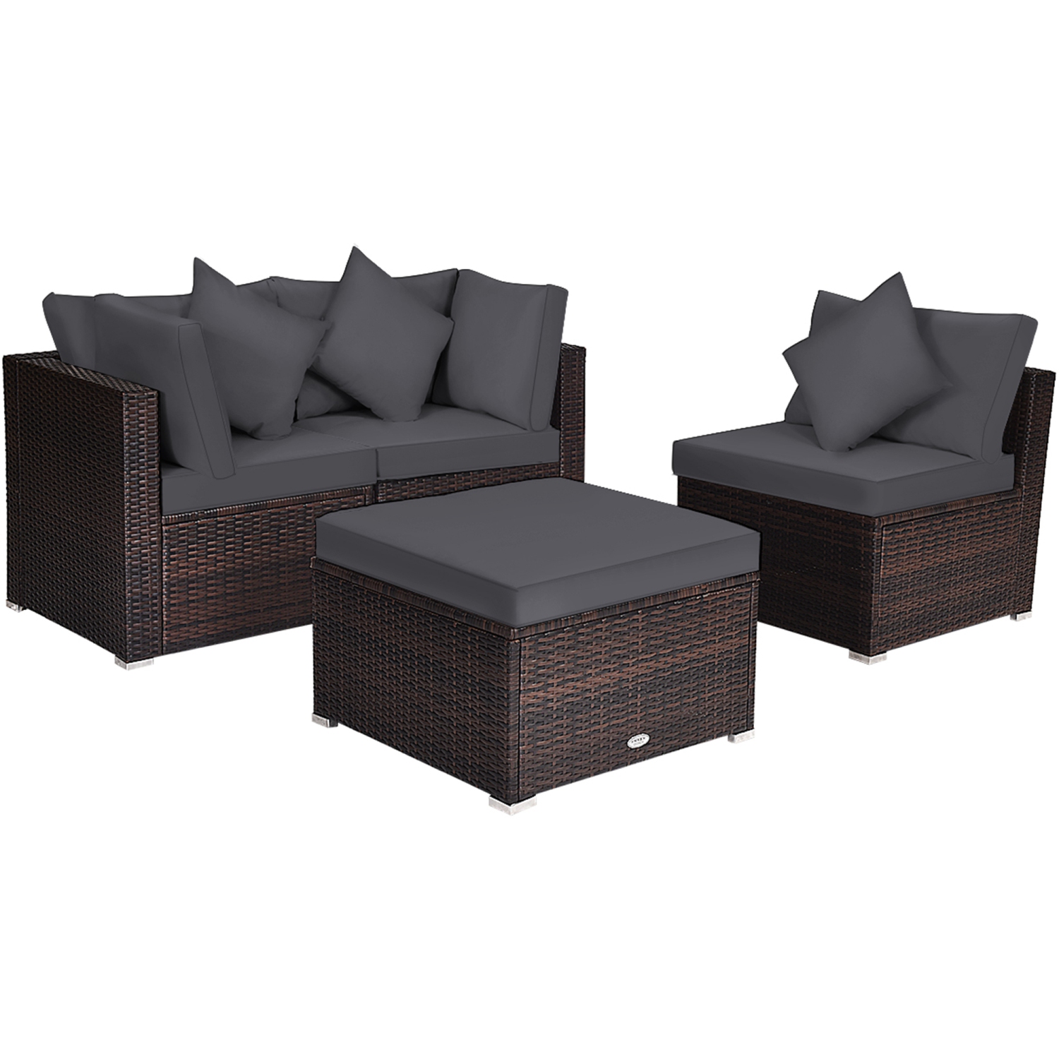 Gymax 4PCS Rattan Patio Conversation Furniture Set Yard Outdoor w/ Grey Cushion